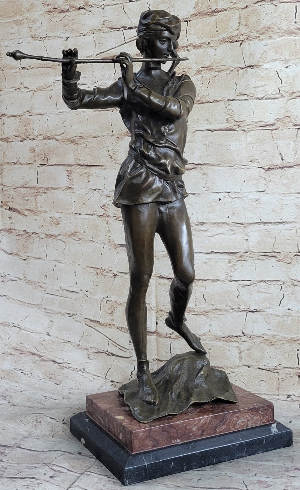 Vintage Classic 100% Bronze Sculpture, Man WITH FLUTE, Fine Detail Artwork