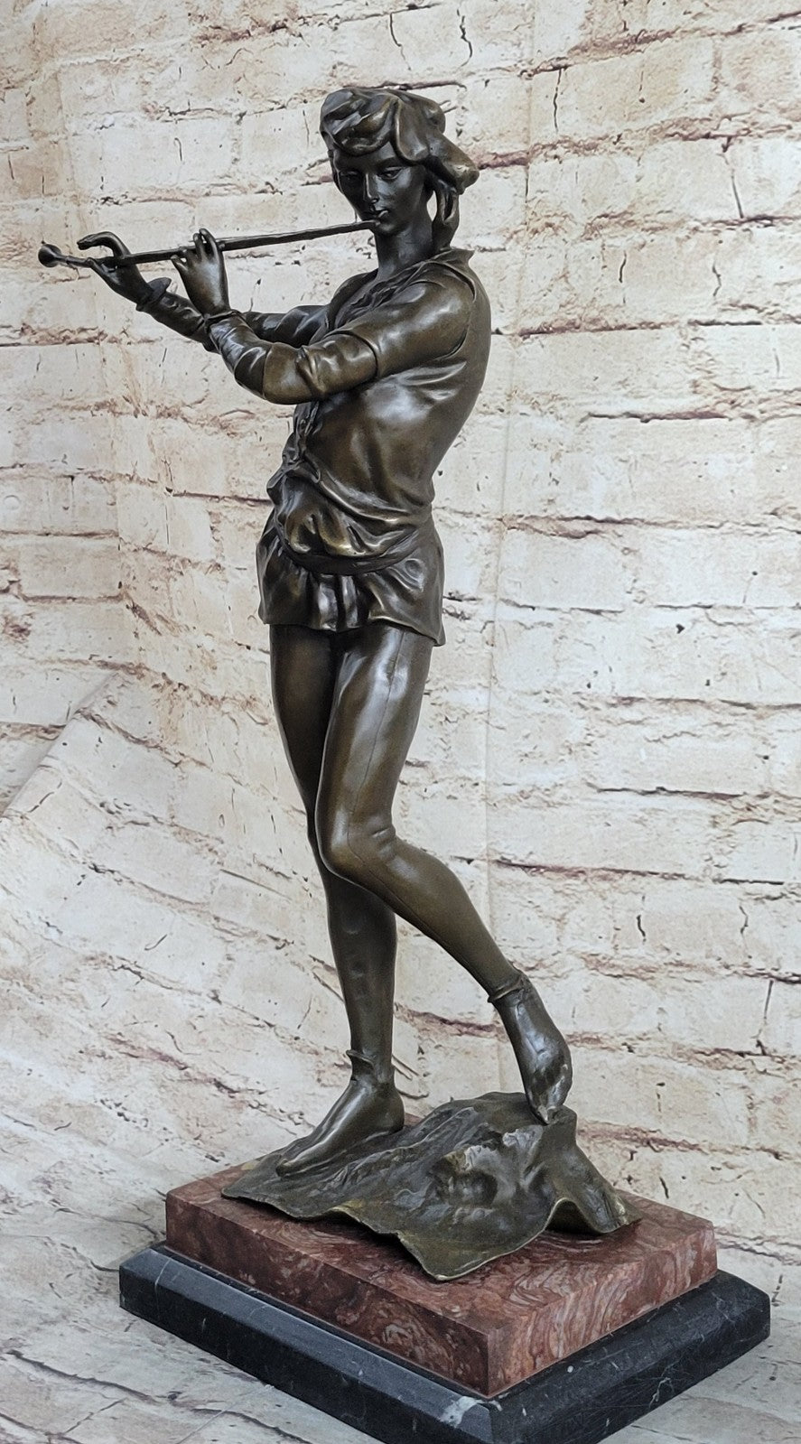 Vintage Classic 100% Bronze Sculpture, Man WITH FLUTE, Fine Detail Artwork