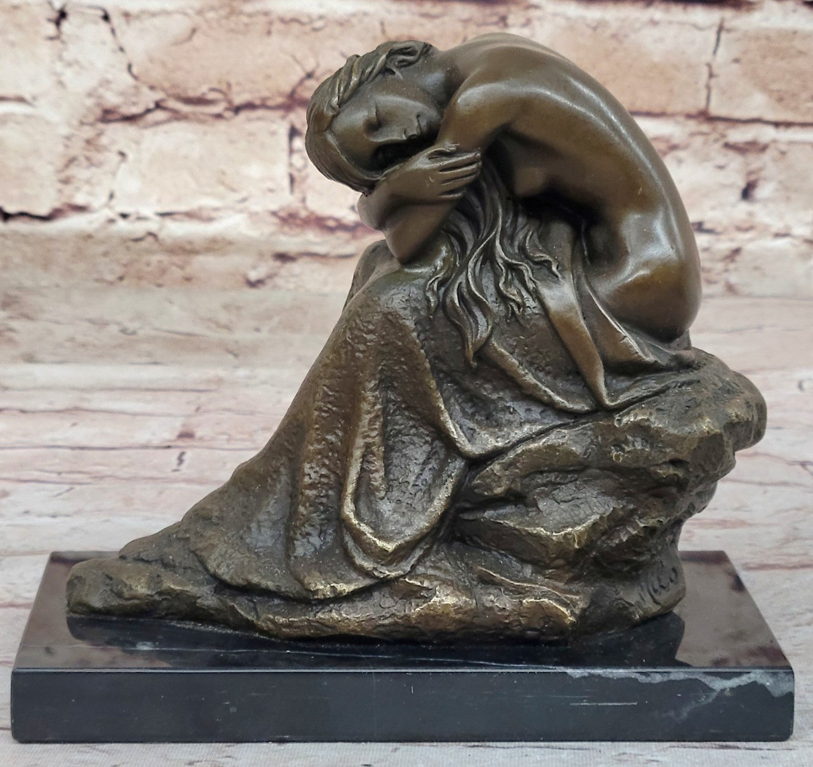 Milo`s Handmade Bronze Statue: Sensuous Lady on Rock, Artistic Nude Figurine
