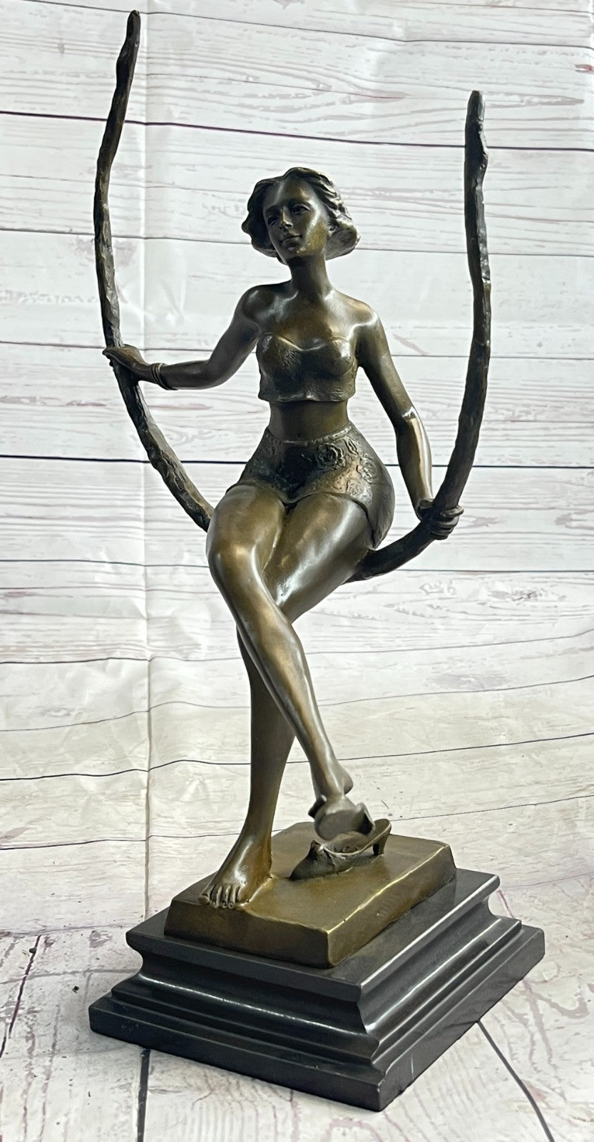 Art Deco Sculpture Beautiful Woman Girl Swing Bronze Statue Figurine Signed