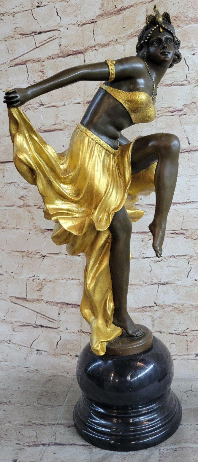 Art Nouveau Deco Gypsy Gold Patina Dancer Bronze Sculpture Marble Statue
