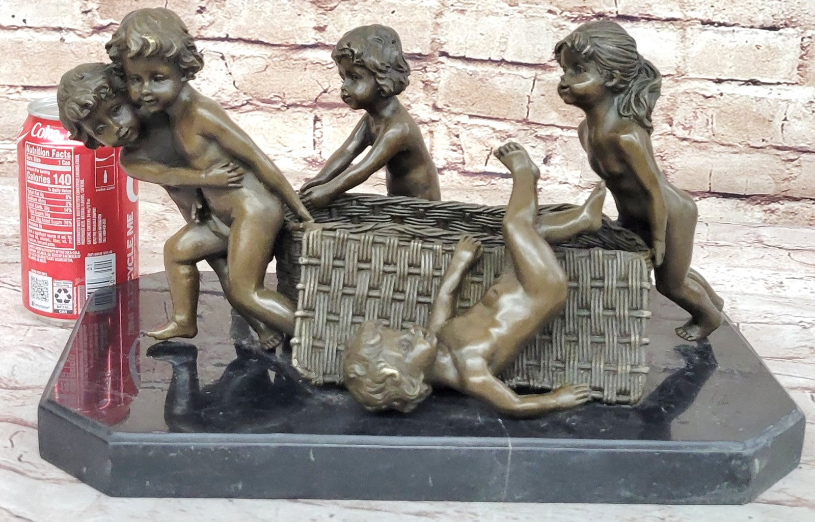 Signed R. Larche Bronze Sculpture: Children Pulling Basket, Fine Art Artwork