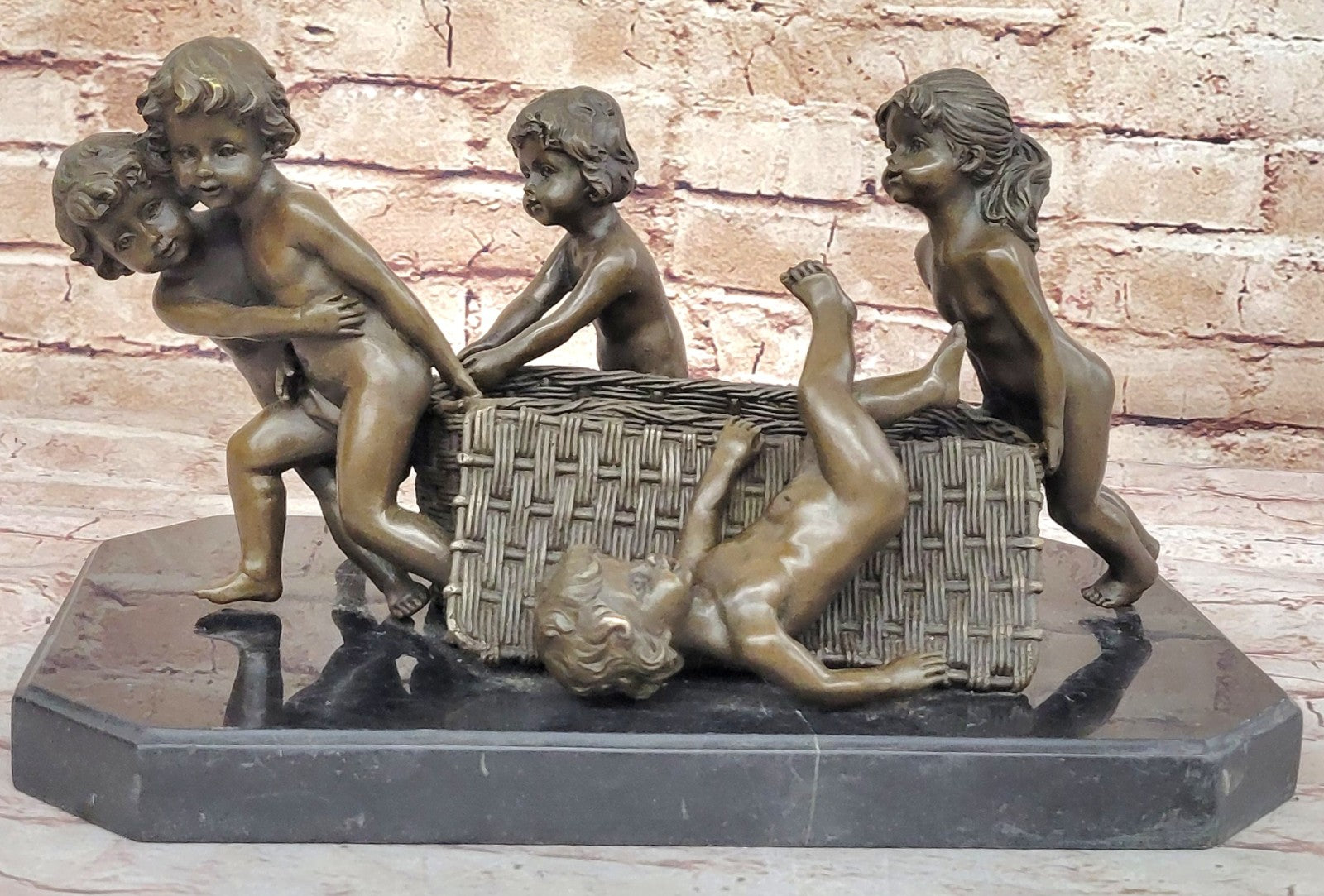 Signed R. Larche Bronze Sculpture: Children Pulling Basket, Fine Art Artwork