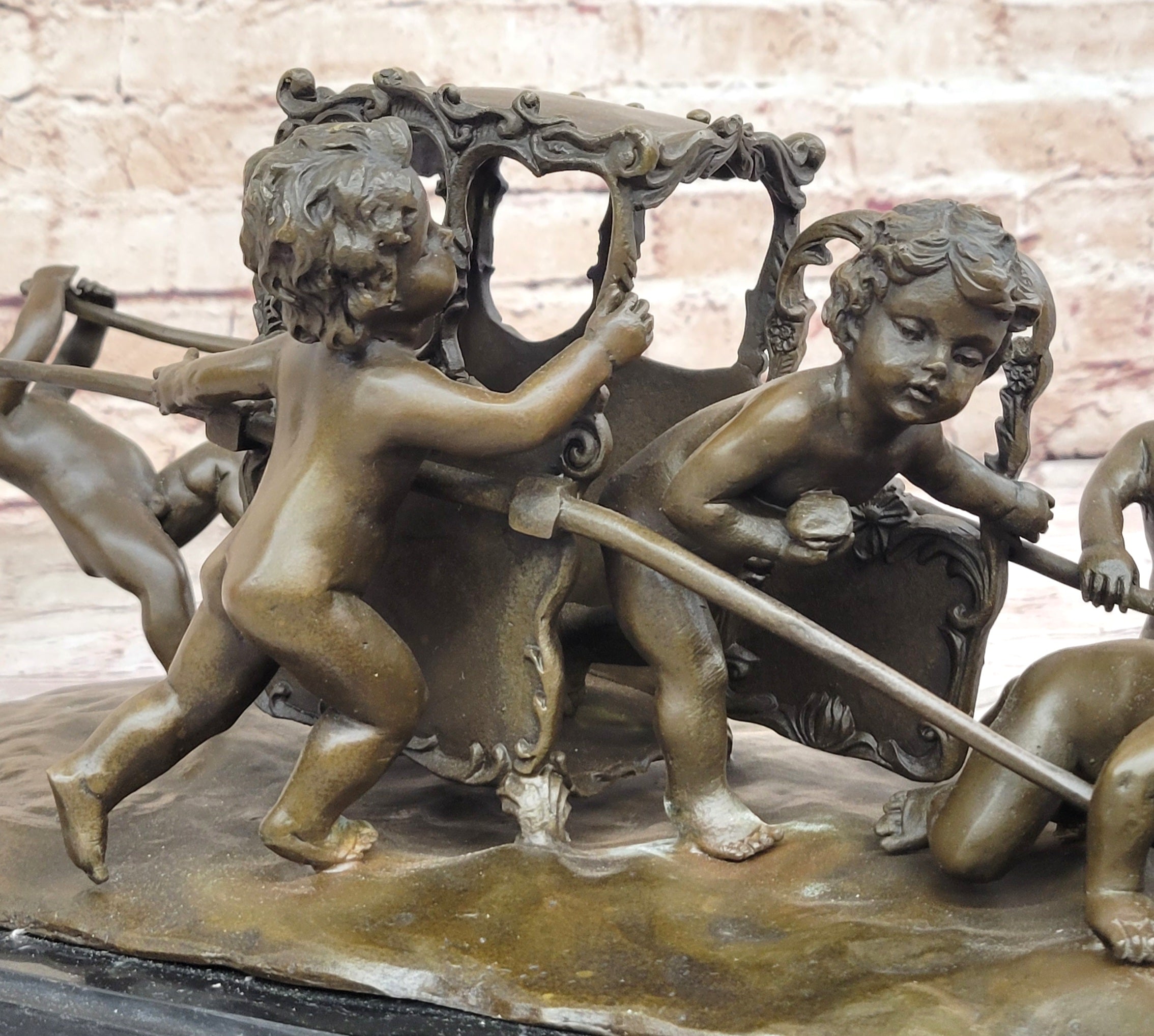 Art Nouveau Nude Naked boys Pulling Chariot Bronze Sculpture Marble Figurine Art