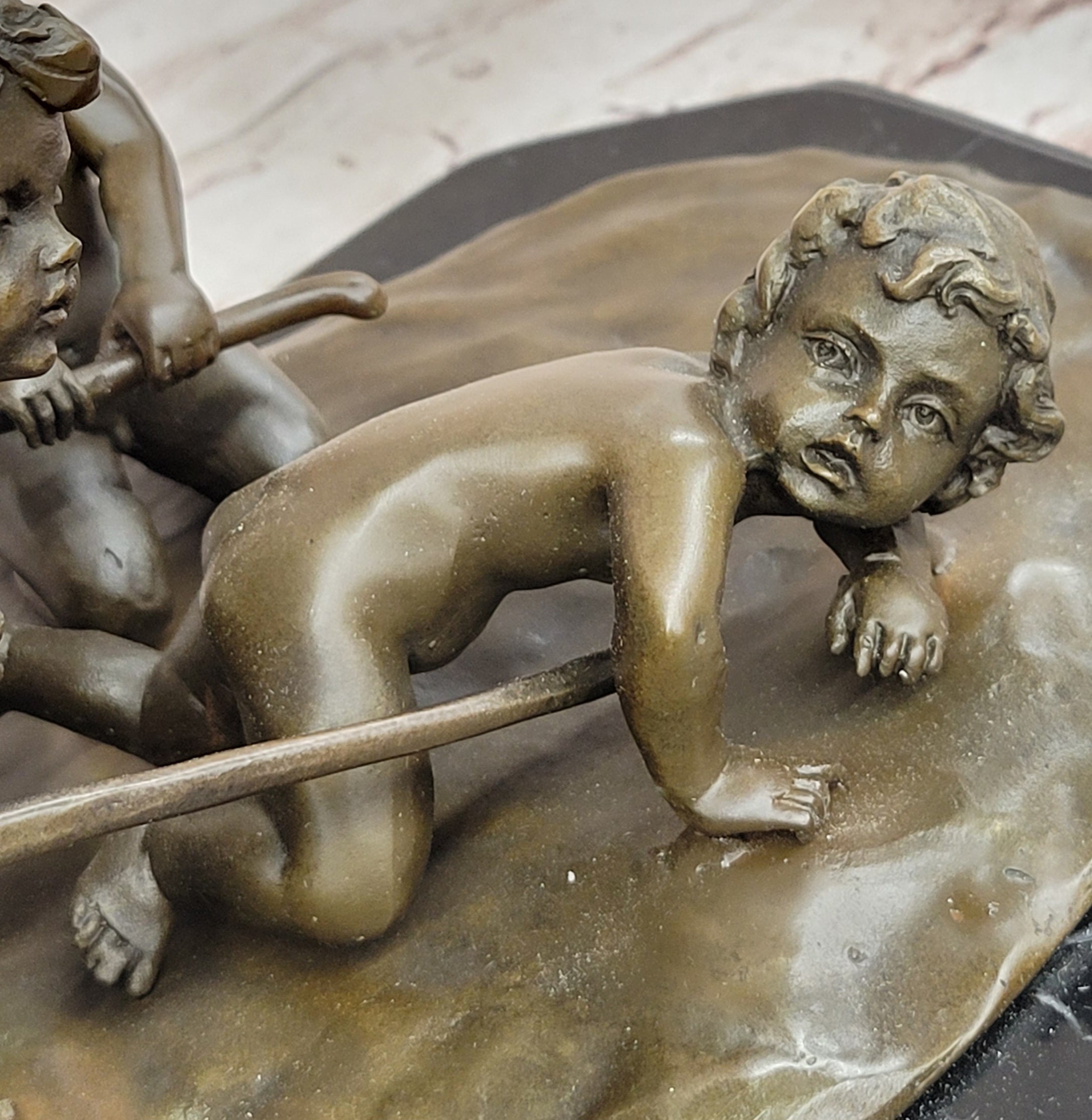 Art Nouveau Nude Naked boys Pulling Chariot Bronze Sculpture Marble Figurine Art