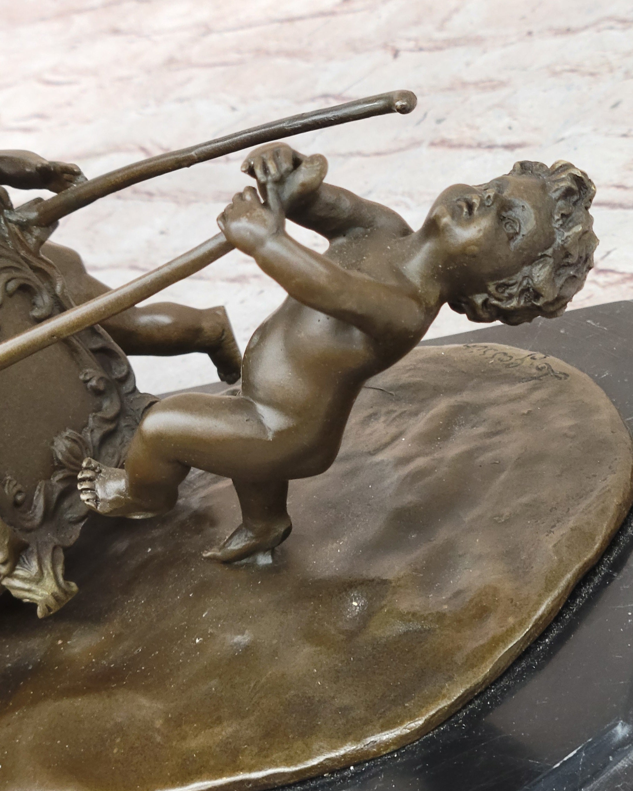 Art Nouveau Nude Naked boys Pulling Chariot Bronze Sculpture Marble Figurine Art