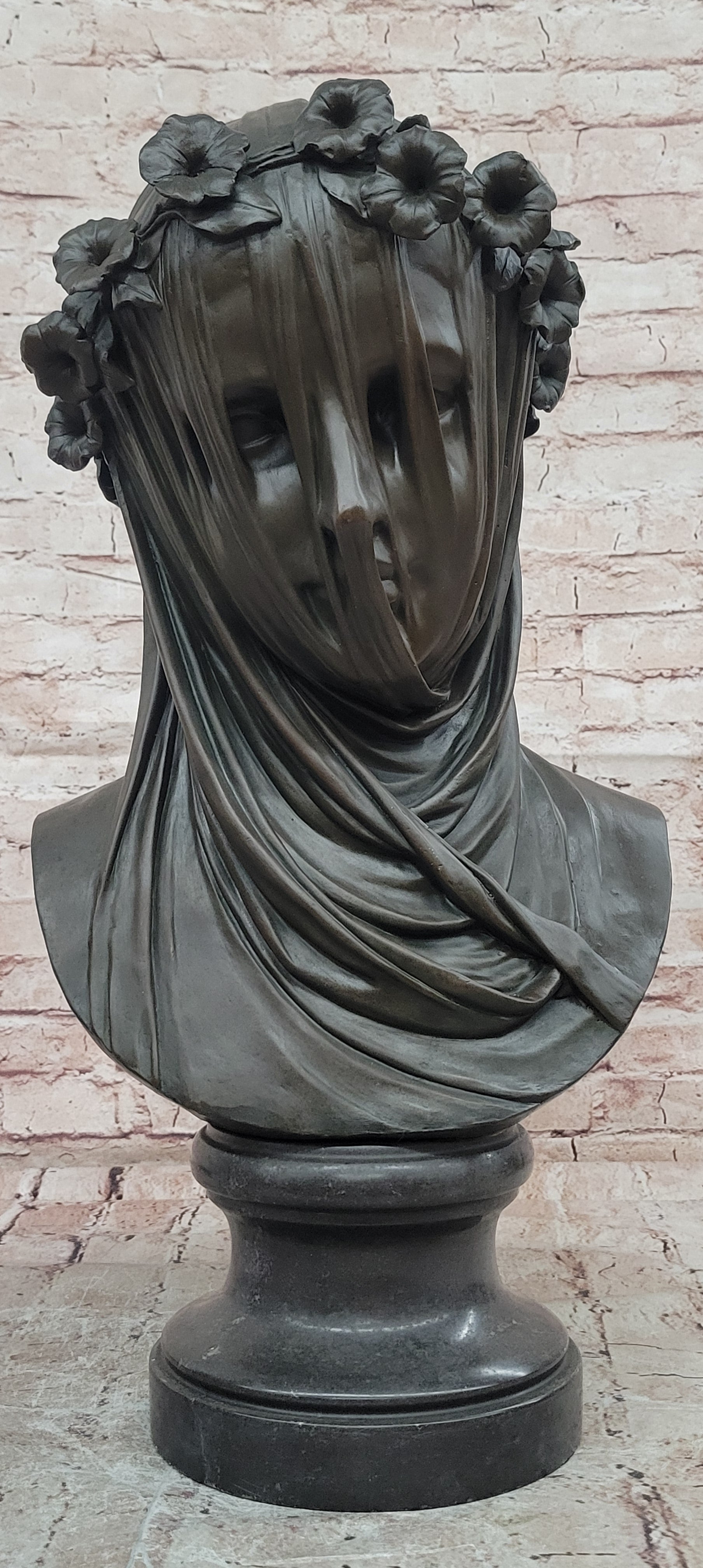 Mary with Veil Bronze Statue Milo Art Nouveau Sculpture Marble Base