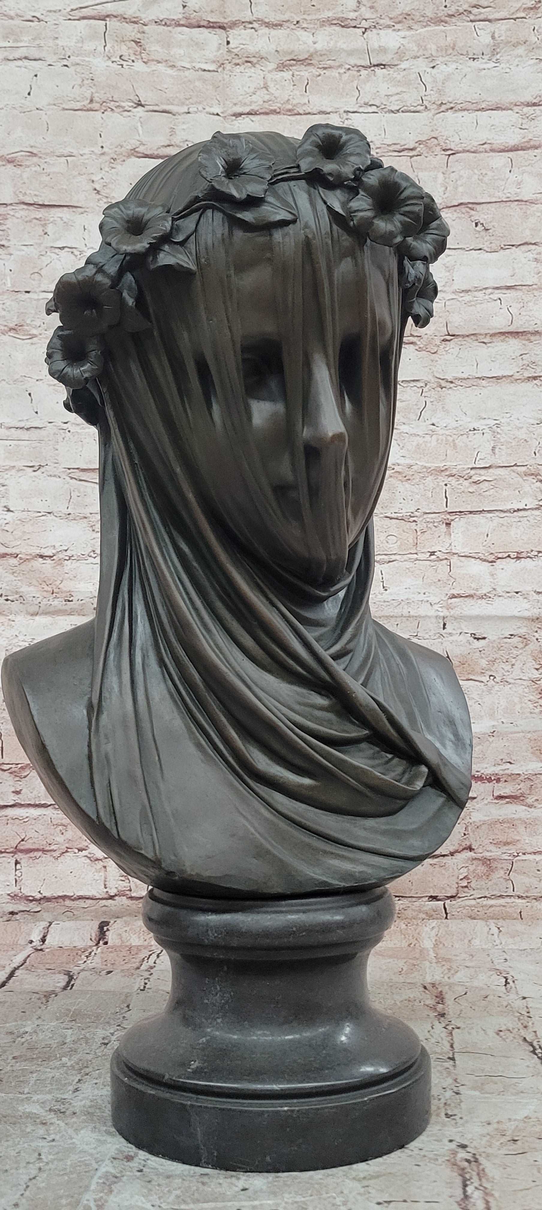 Mary with Veil Bronze Statue Milo Art Nouveau Sculpture Marble Base