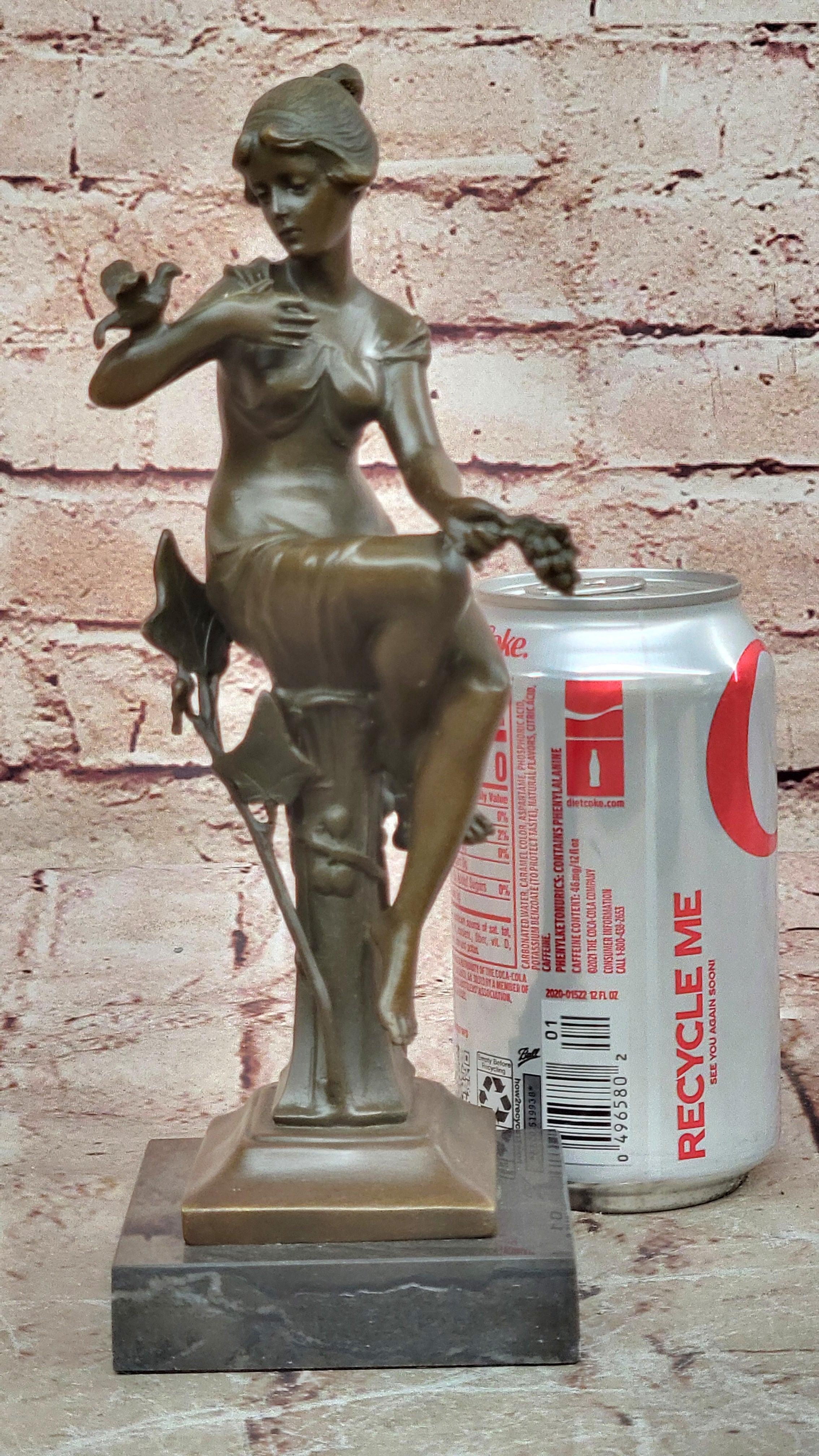 Girl with Bird on The Hand Mid Century Gift Bronze Sculpture Signed by Artist