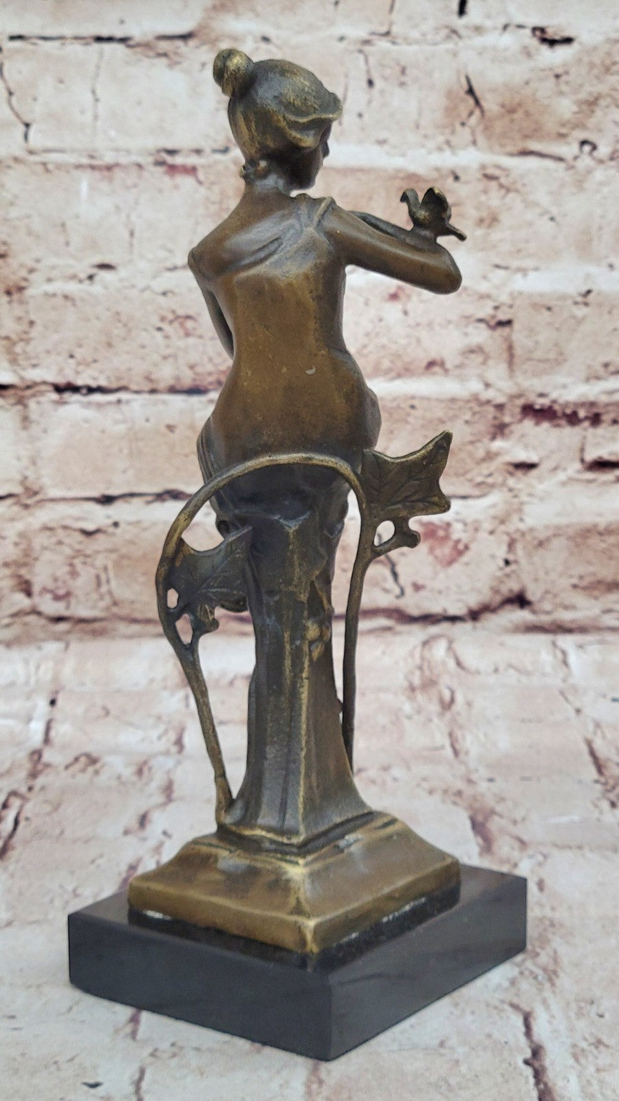 Girl with Bird on The Hand Mid Century Gift Bronze Sculpture Signed by Artist