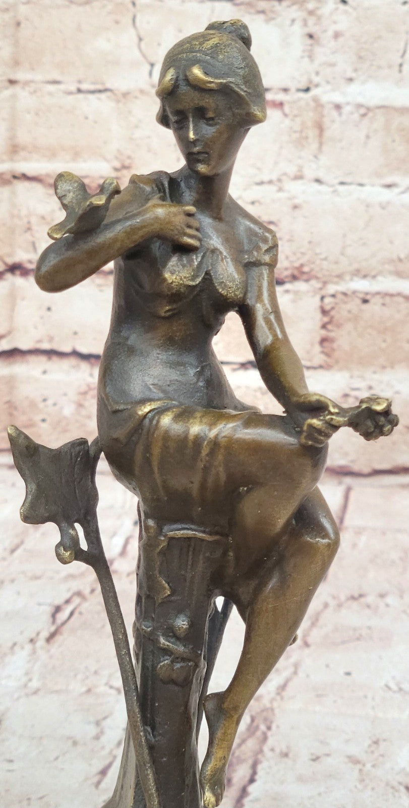Girl with Bird on The Hand Mid Century Gift Bronze Sculpture Signed by Artist