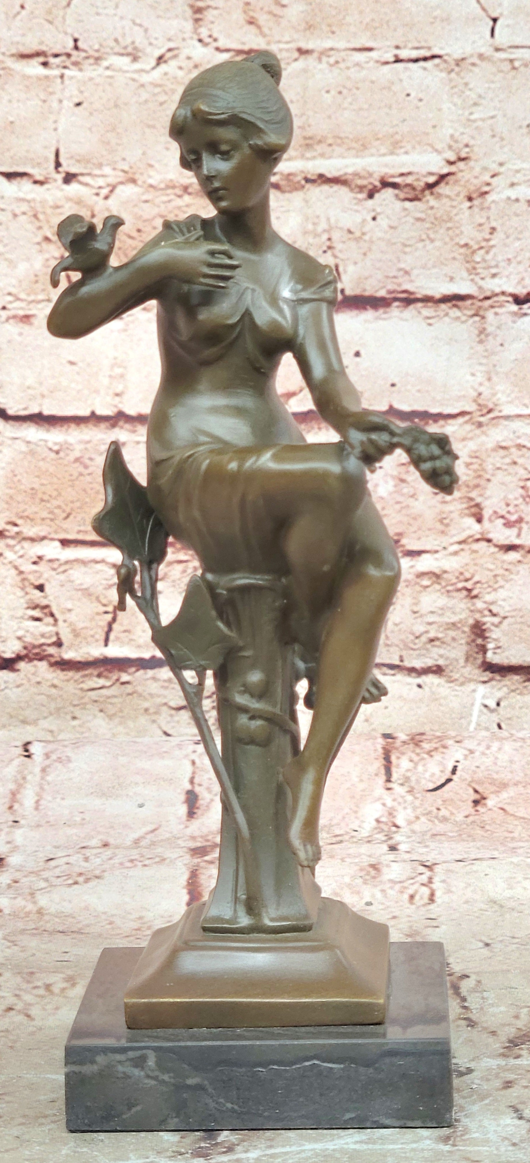 Girl with Bird on The Hand Mid Century Gift Bronze Sculpture Signed by Artist