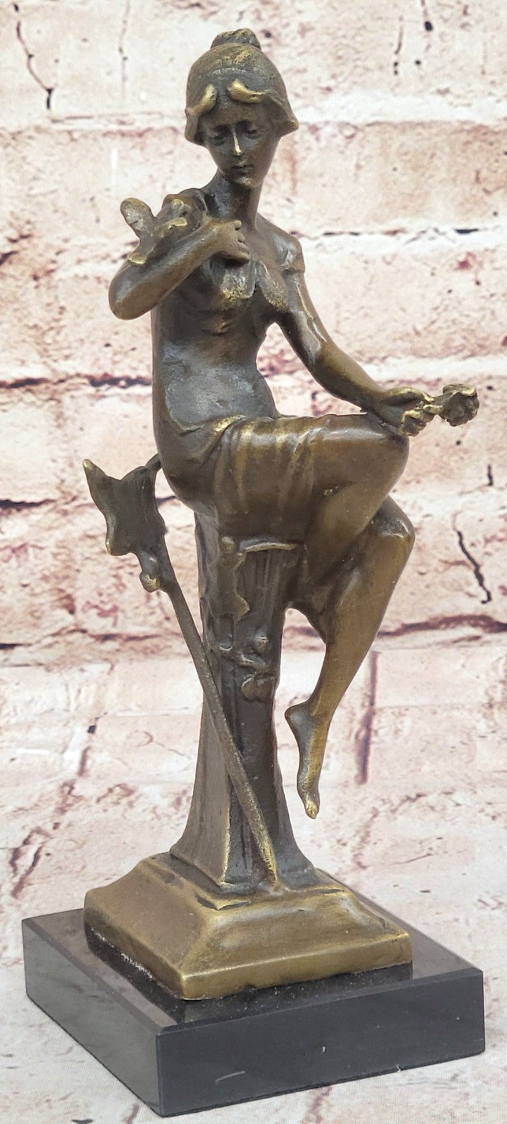 Girl with Bird on The Hand Mid Century Gift Bronze Sculpture Signed by Artist