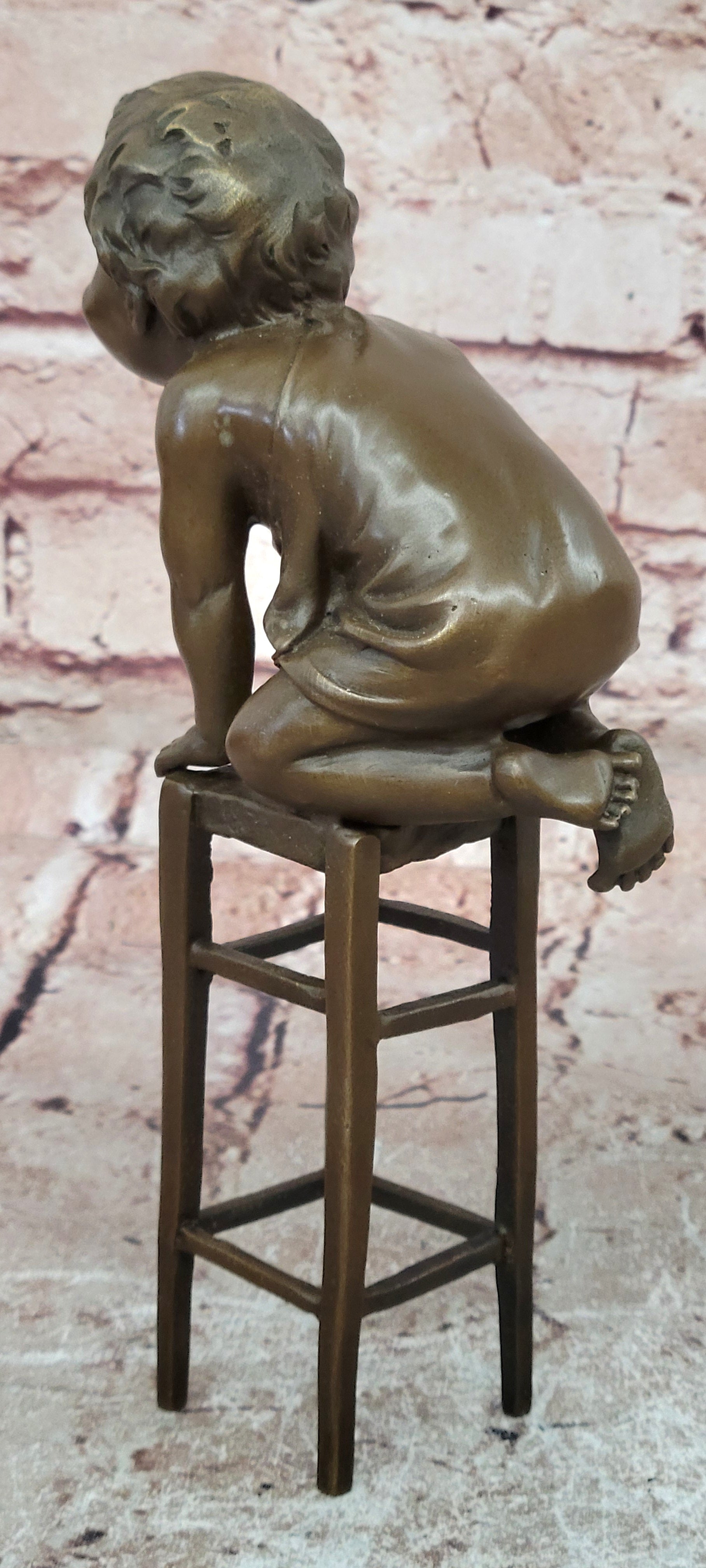 Art Nouveau Bronze Child on Stool Sculpture Juan Clara Collectible Figurine Decor