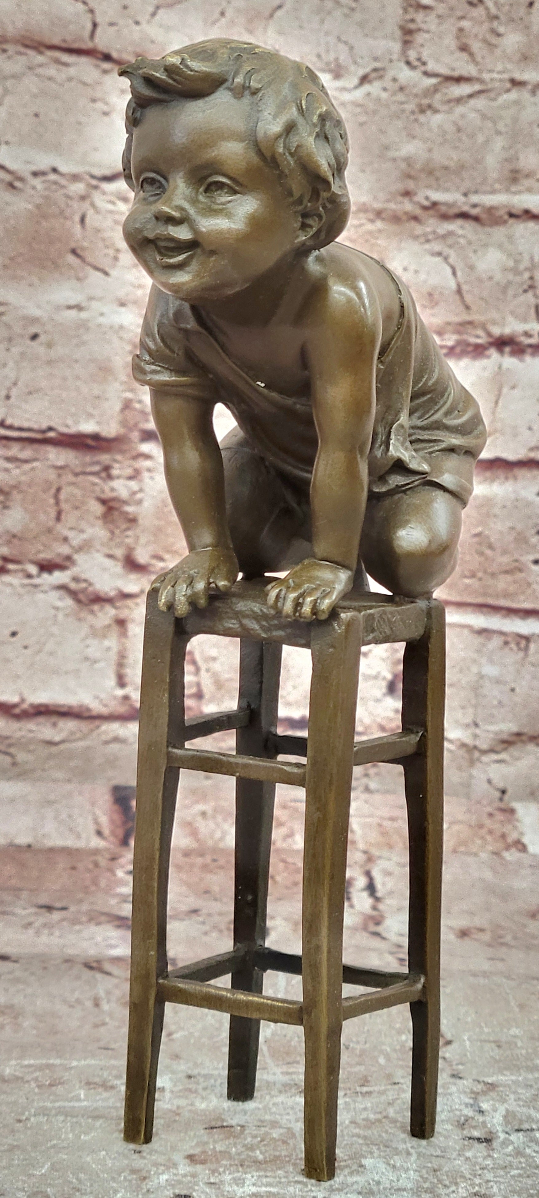 Art Nouveau Bronze Child on Stool Sculpture Juan Clara Collectible Figurine Decor