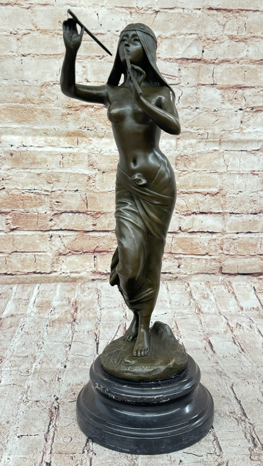 Striking Hot Cast Bronze Figurine of an Indian Girl Playing Flute by J. Angles