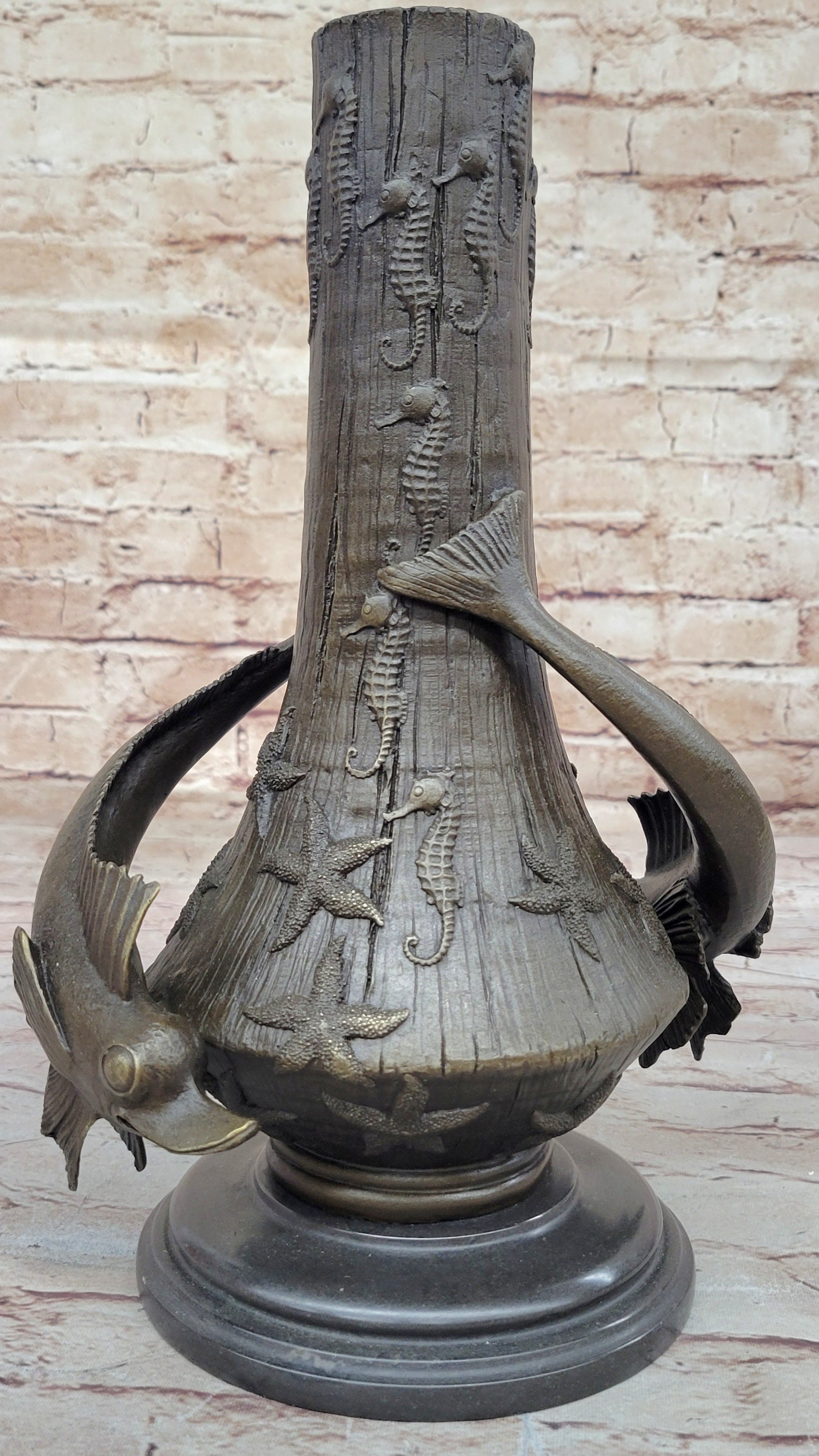Art Deco Signed Original Nautical Ocean Shark Vase Bronze Sculpture Statue Gift