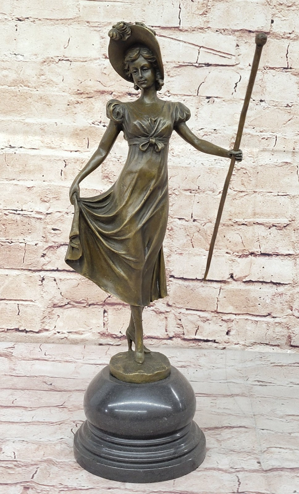 Victorian Lady Signed Sculpture Elegant Art Nouveau Bronze Statue Figurine Deco