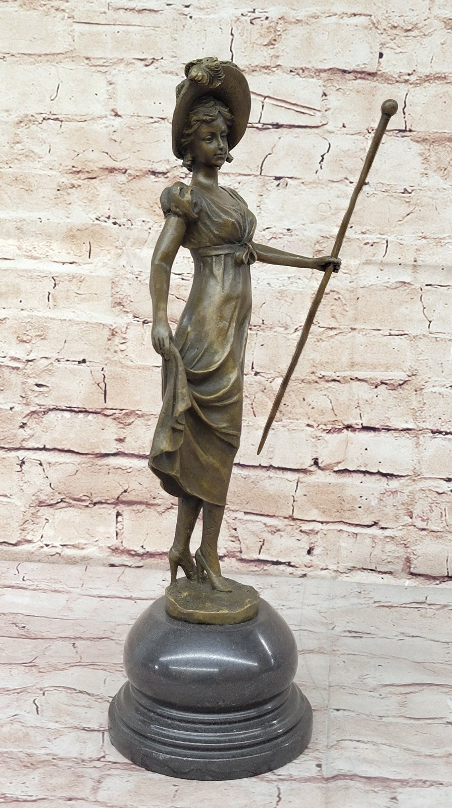 Victorian Lady Signed Sculpture Elegant Art Nouveau Bronze Statue Figurine Deco