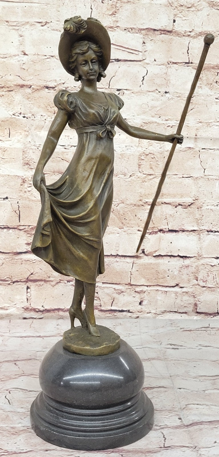 Victorian Lady Signed Sculpture Elegant Art Nouveau Bronze Statue Figurine Deco
