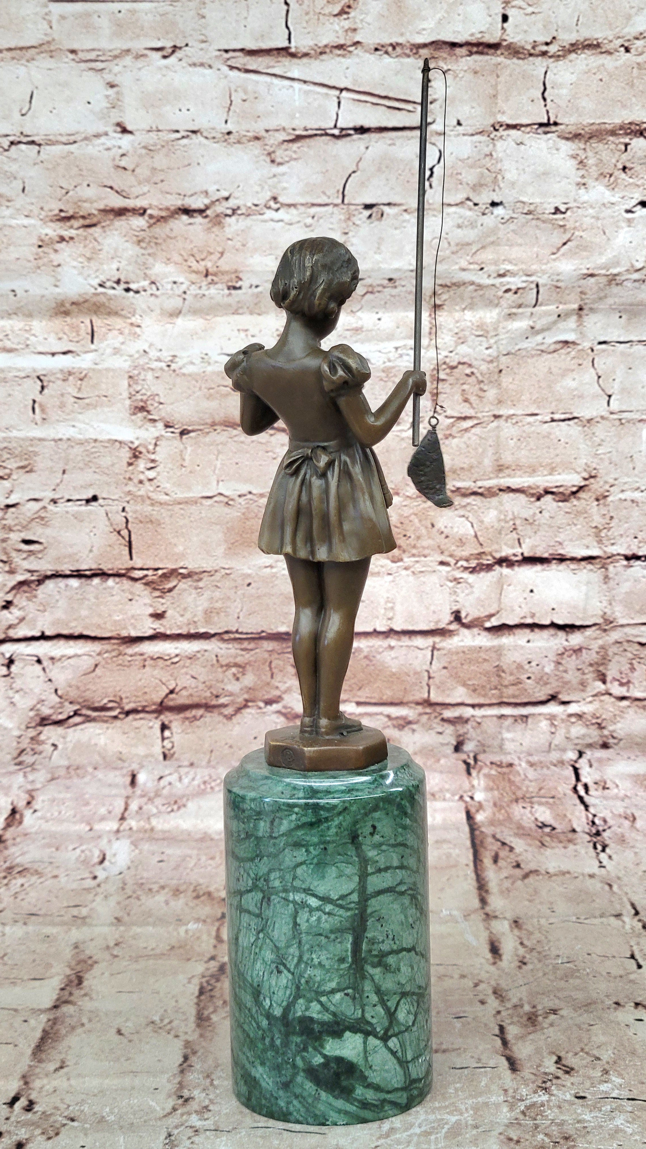 Figurine of Young Girl Fishing Hot Cast Bronze Art Sculpture Green Marble Base