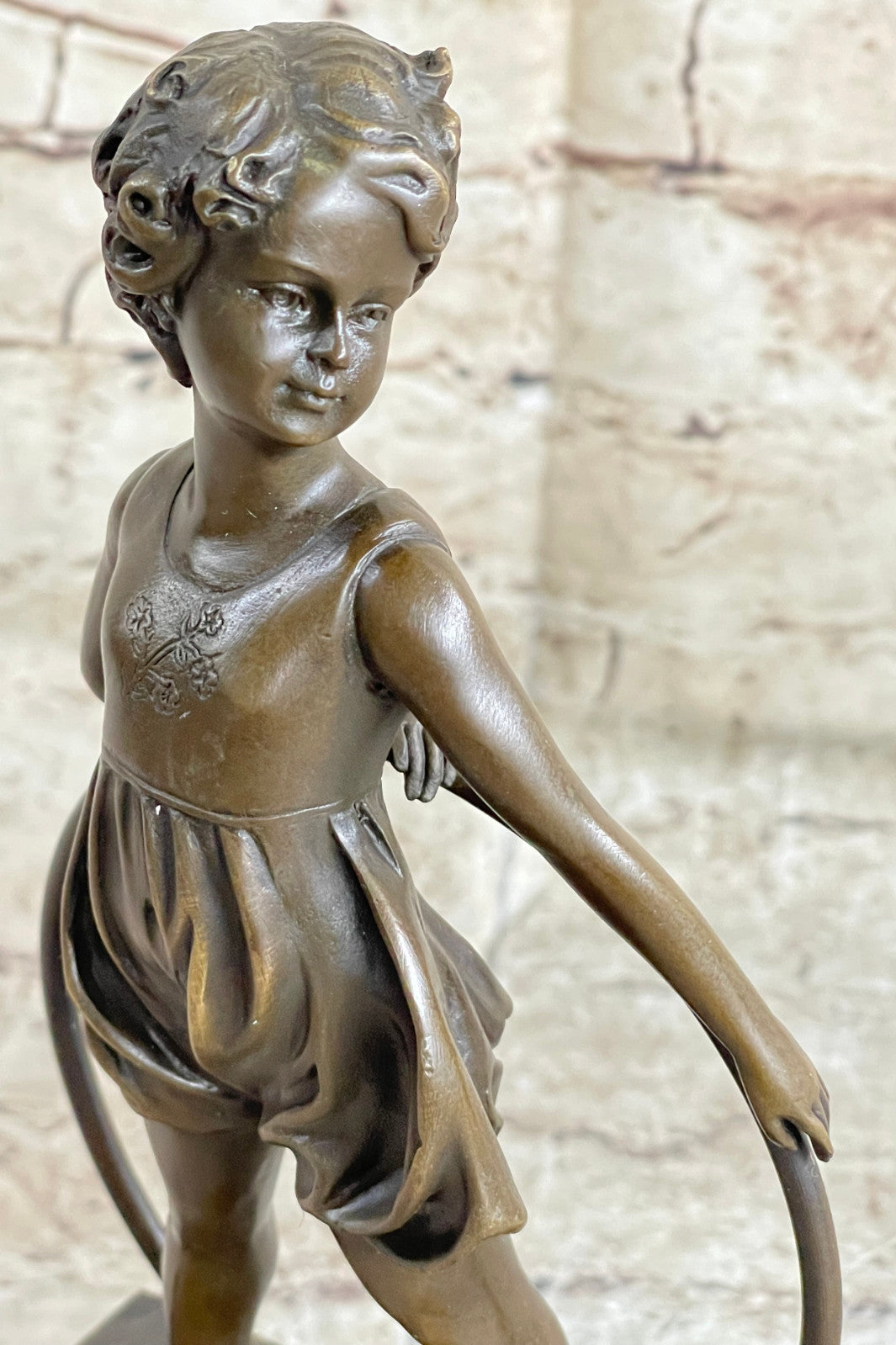 Handcrafted Little Girl Playing Loop Hot Cast Bronze Sculpture Marble Base Figure