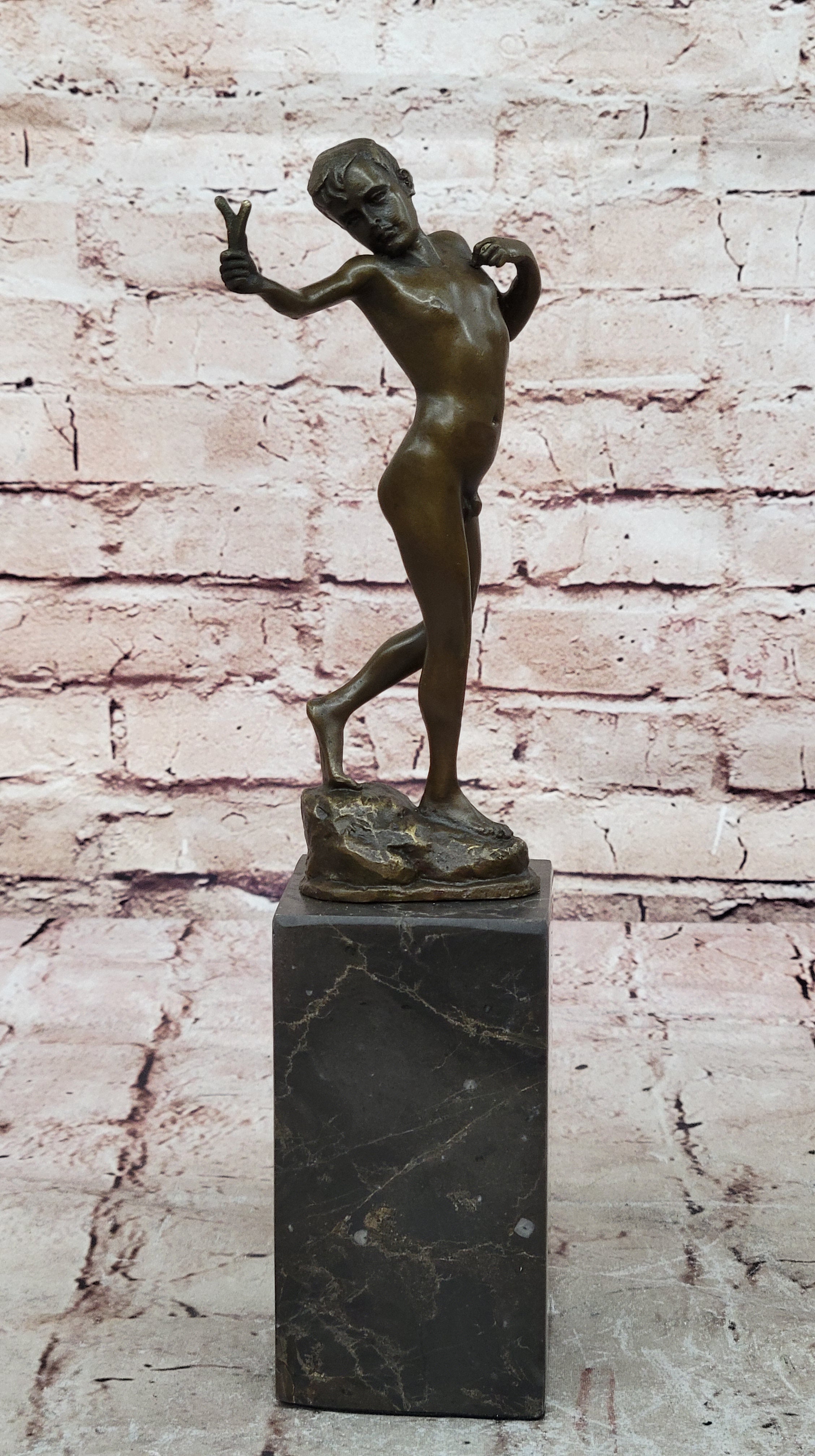 Signed Original Milo Nude Boy Sling Shot Bronze Hot Cast Handcrafted Sculpture