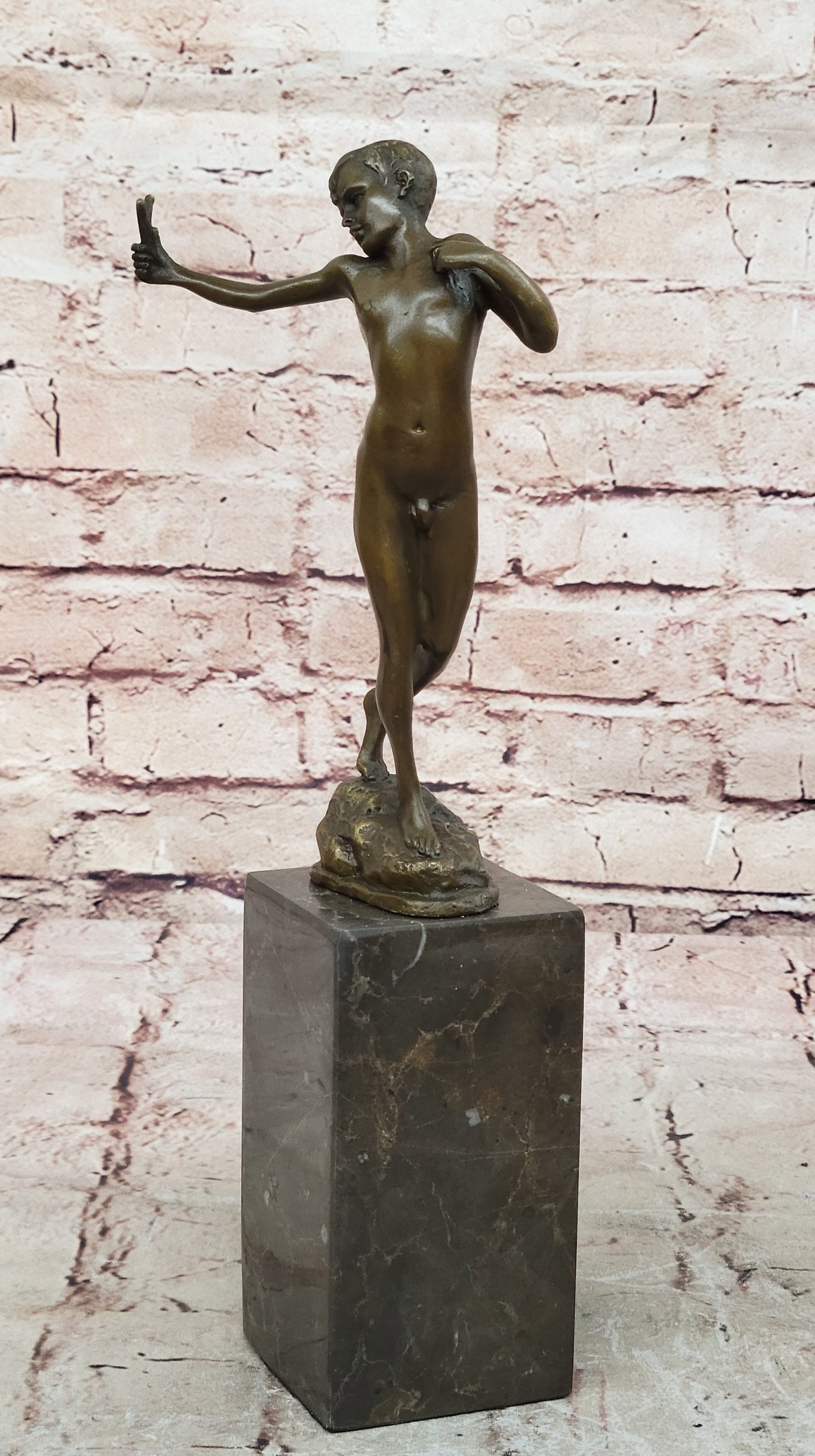 Signed Original Milo Nude Boy Sling Shot Bronze Hot Cast Handcrafted Sculpture