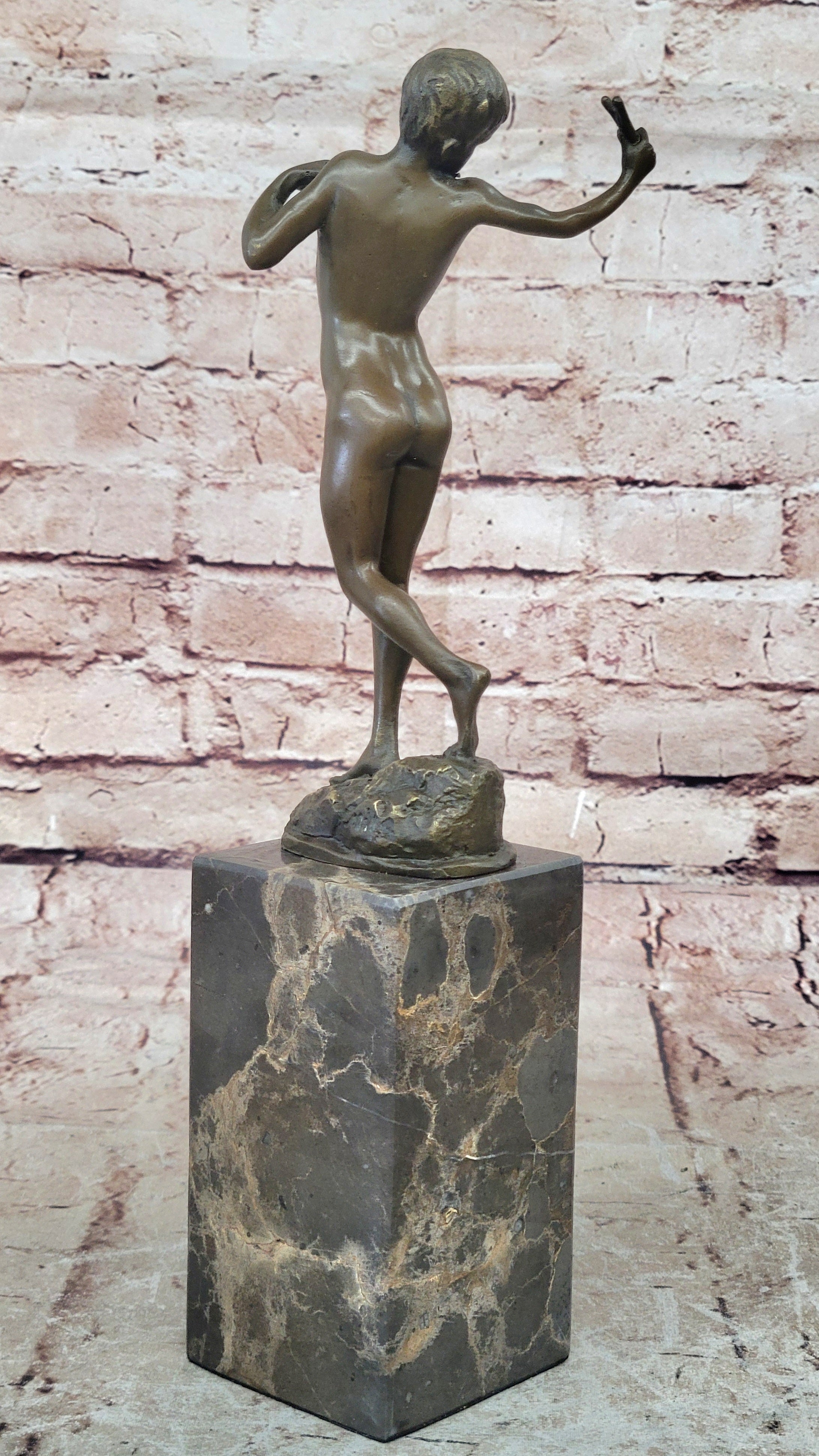 Signed Original Milo Nude Boy Sling Shot Bronze Hot Cast Handcrafted Sculpture
