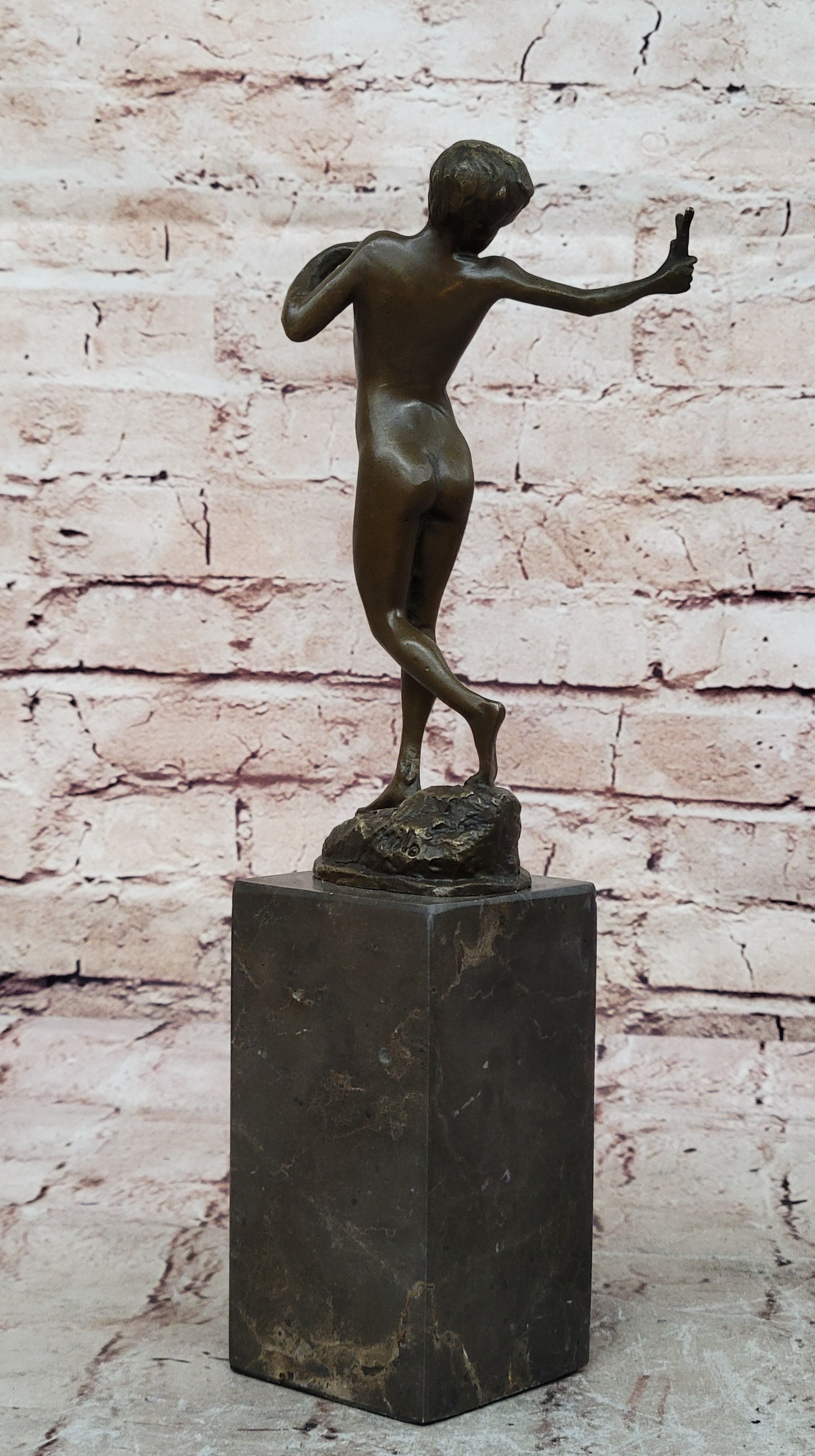 Signed Original Milo Nude Boy Sling Shot Bronze Hot Cast Handcrafted Sculpture