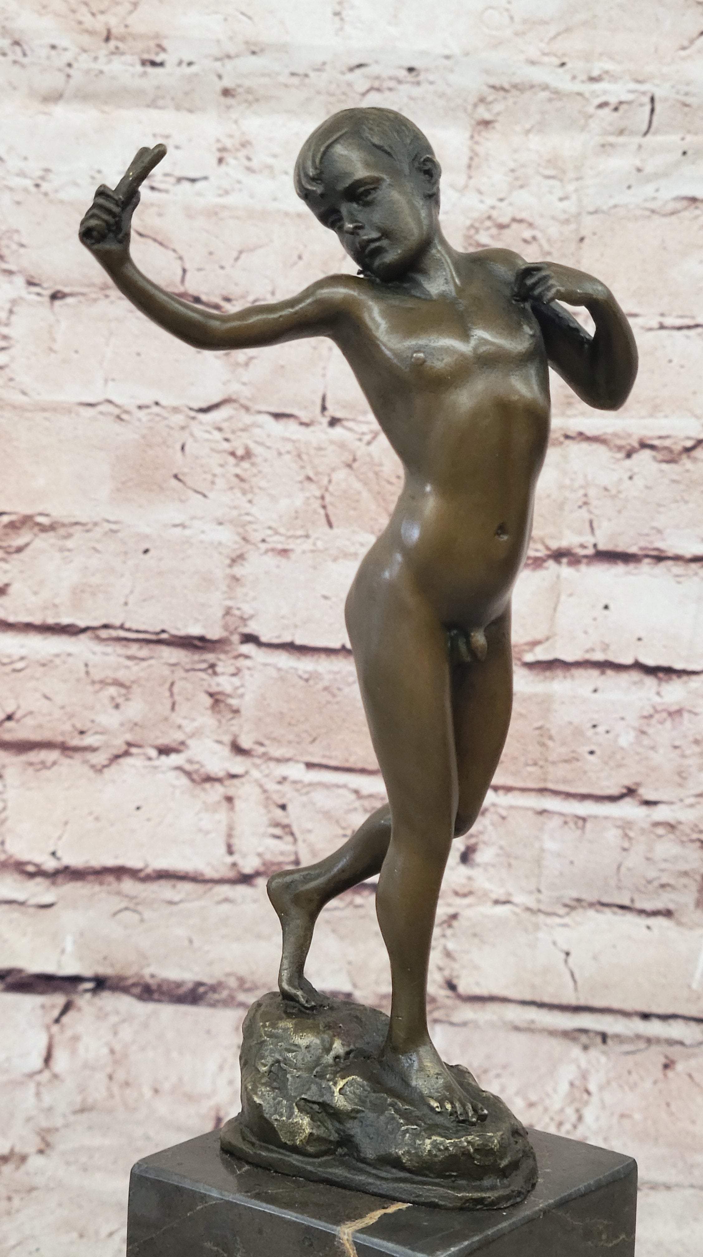 Signed Original Milo Nude Boy Sling Shot Bronze Hot Cast Handcrafted Sculpture