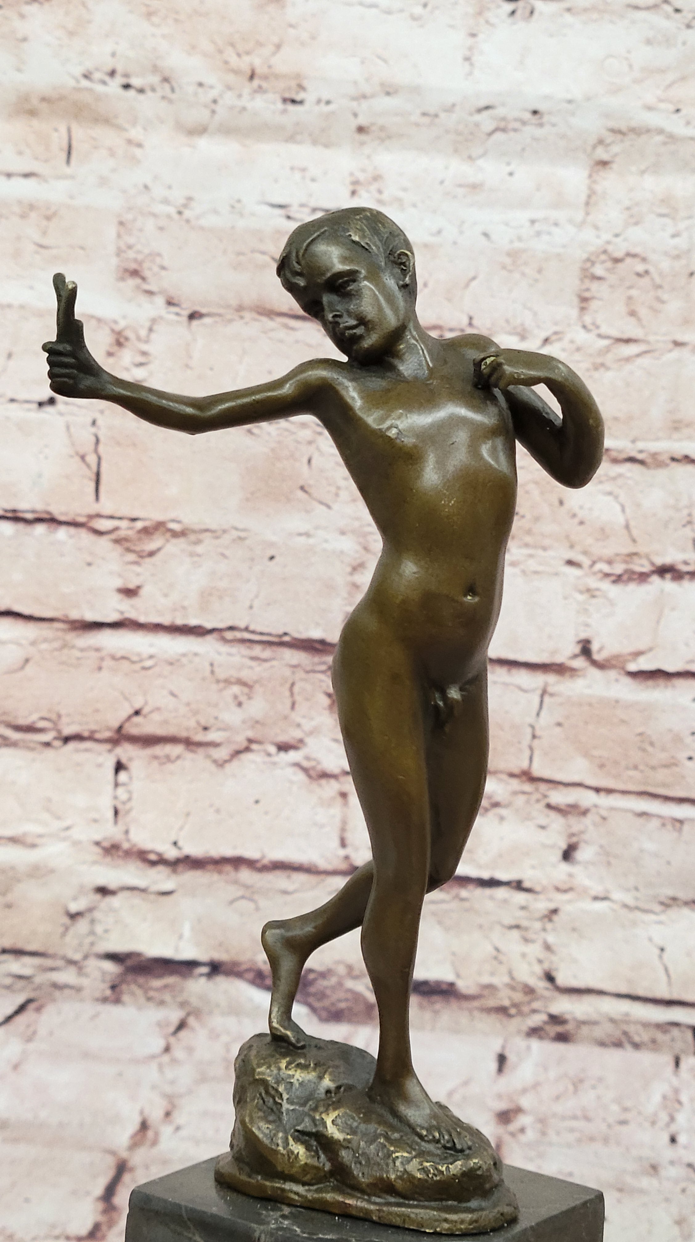 Signed Original Milo Nude Boy Sling Shot Bronze Hot Cast Handcrafted Sculpture