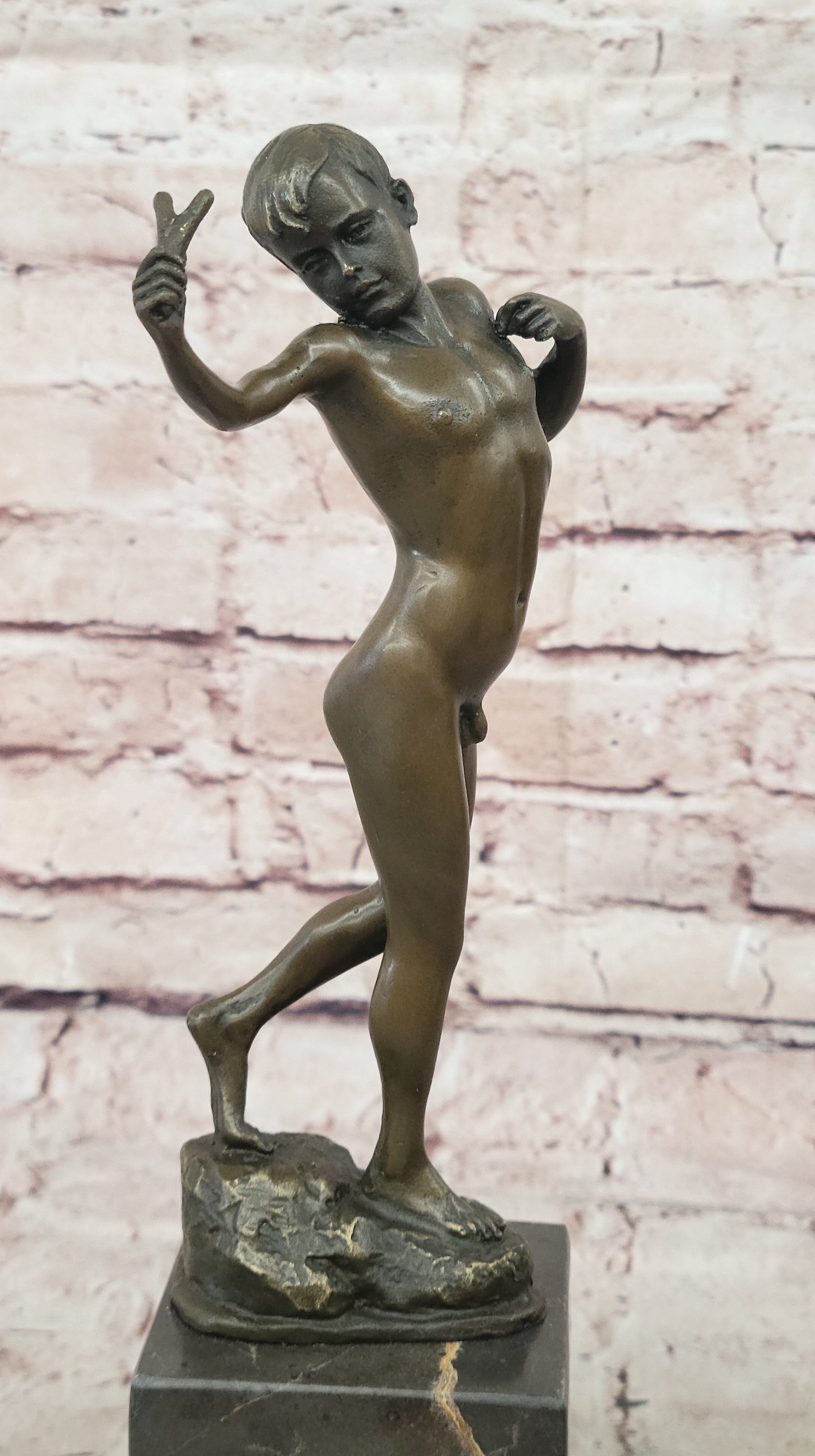 Signed Original Milo Nude Boy Sling Shot Bronze Hot Cast Handcrafted Sculpture
