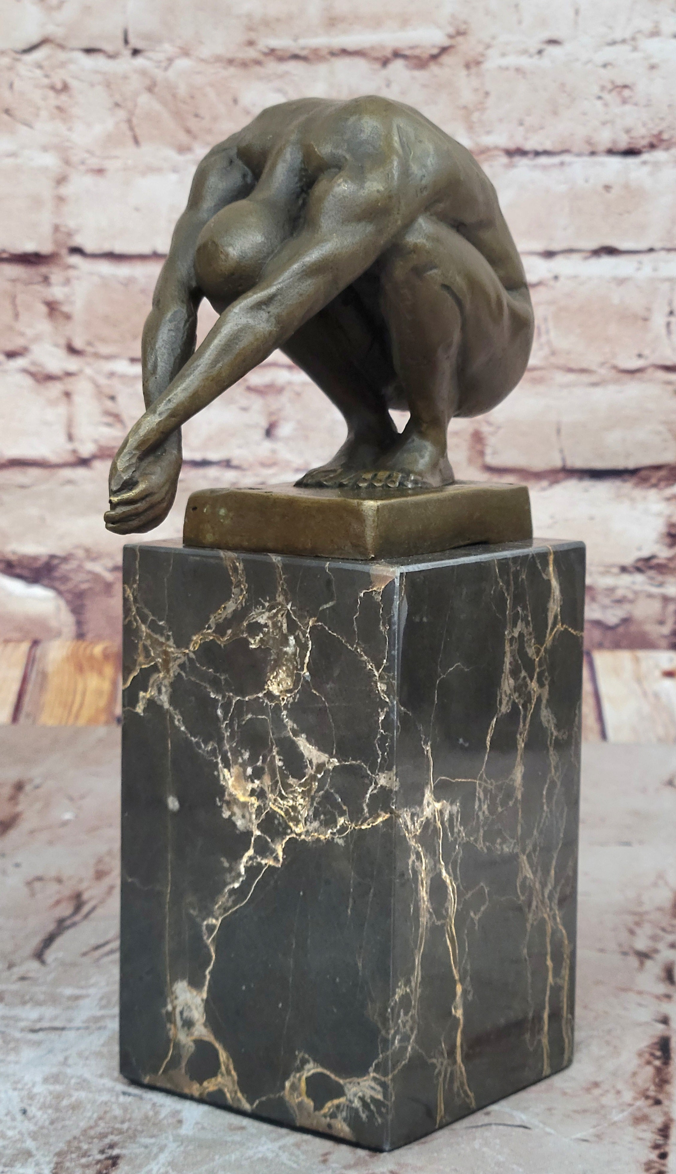 Art Deco Nude Male Diver Bronze Sculpture Marble Base Figurine Figure Home Decor