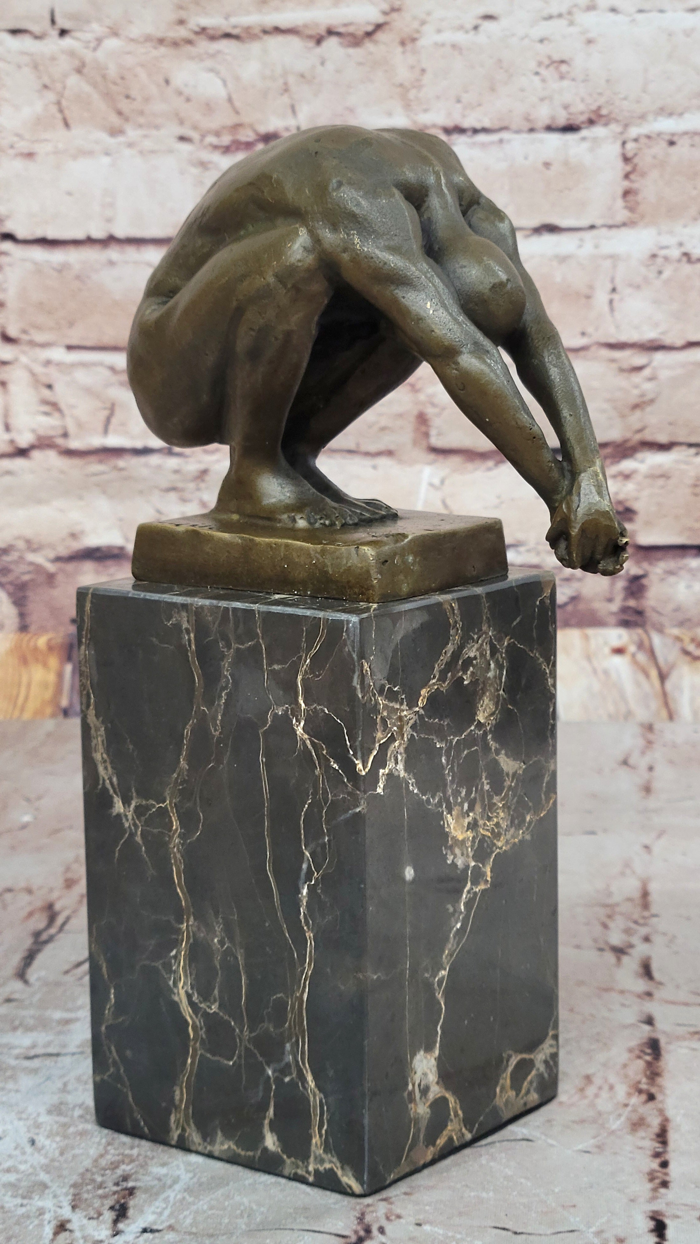 Art Deco Nude Male Diver Bronze Sculpture Marble Base Figurine Figure Home Decor