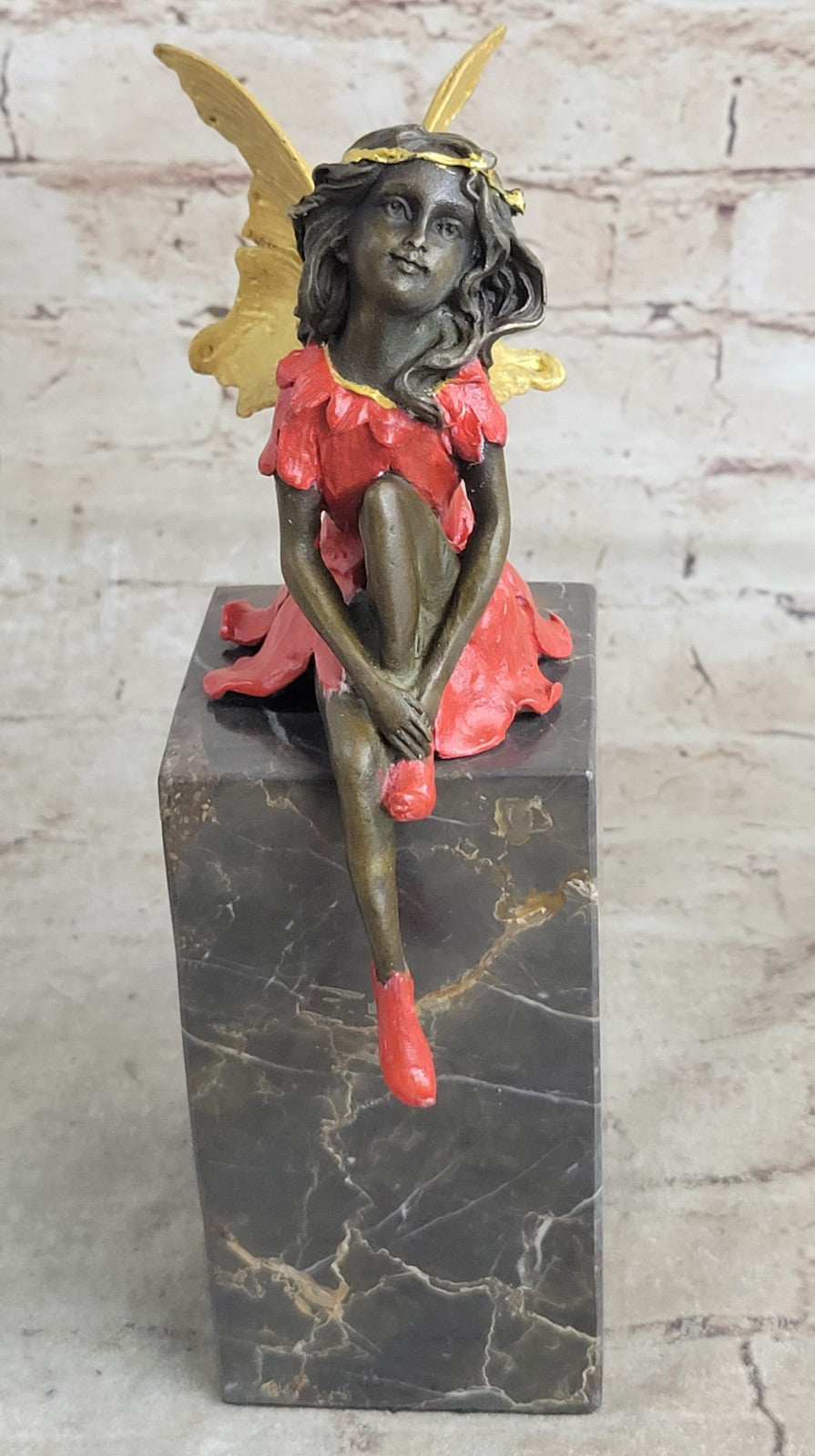 Graceful Butterfly Angel Sculpture on Brown Marble Base Handmade Bronze Masterpiece