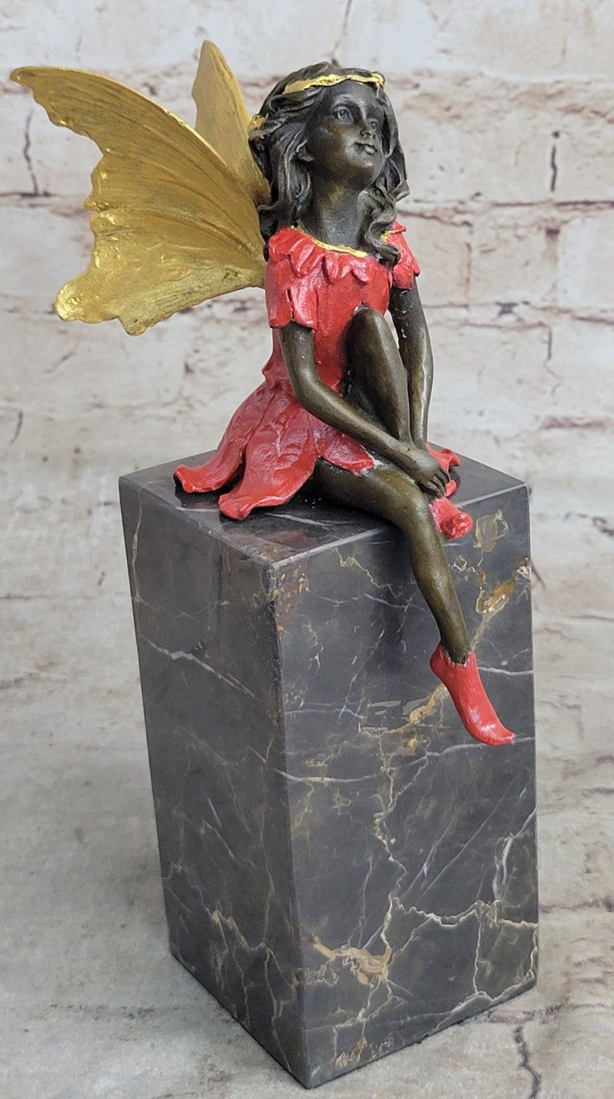 Graceful Butterfly Angel Sculpture on Brown Marble Base Handmade Bronze Masterpiece