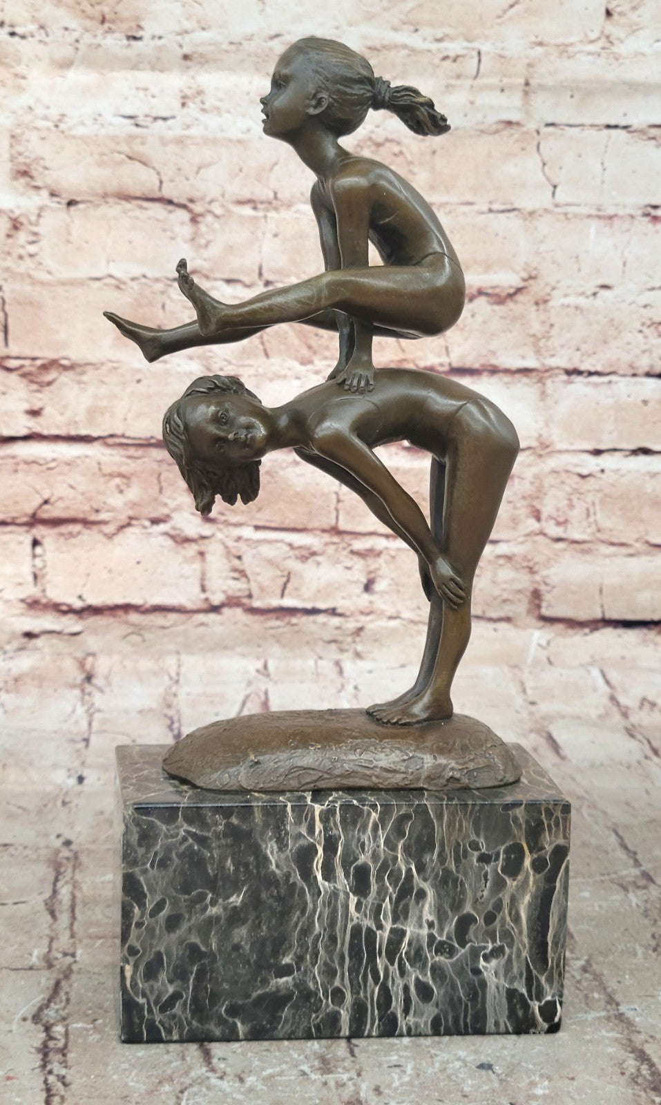 Vintage Bronze Statue By Milo Children Playing Leap Frog 10" Figure Decor