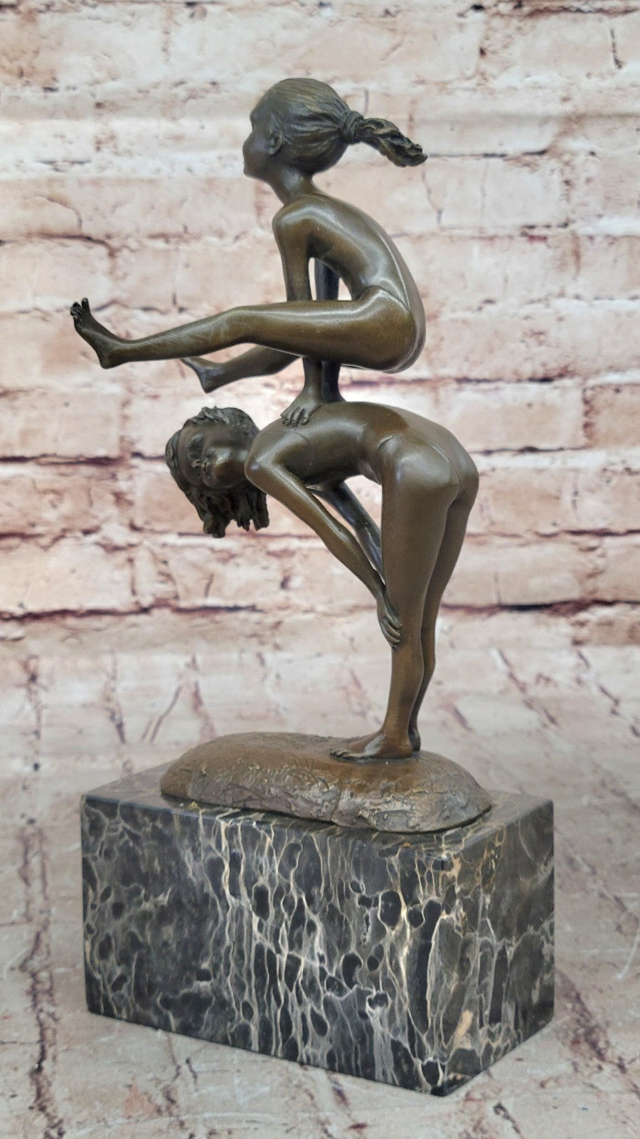 Vintage Bronze Statue By Milo Children Playing Leap Frog 10" Figure Decor