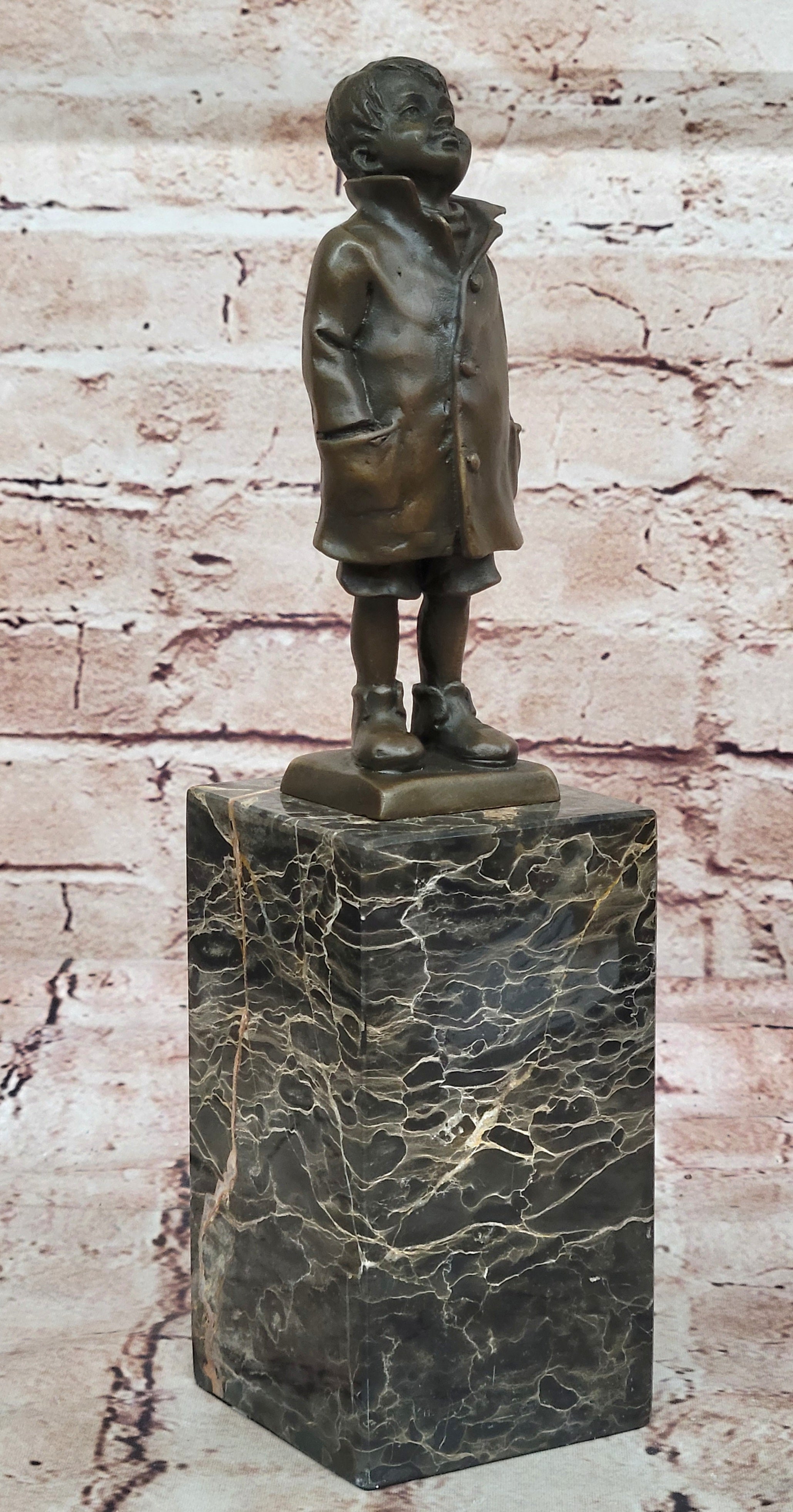 Vintage Signed Child Boy Bronze Sculpture Figurine Figure Cast Children Statue T