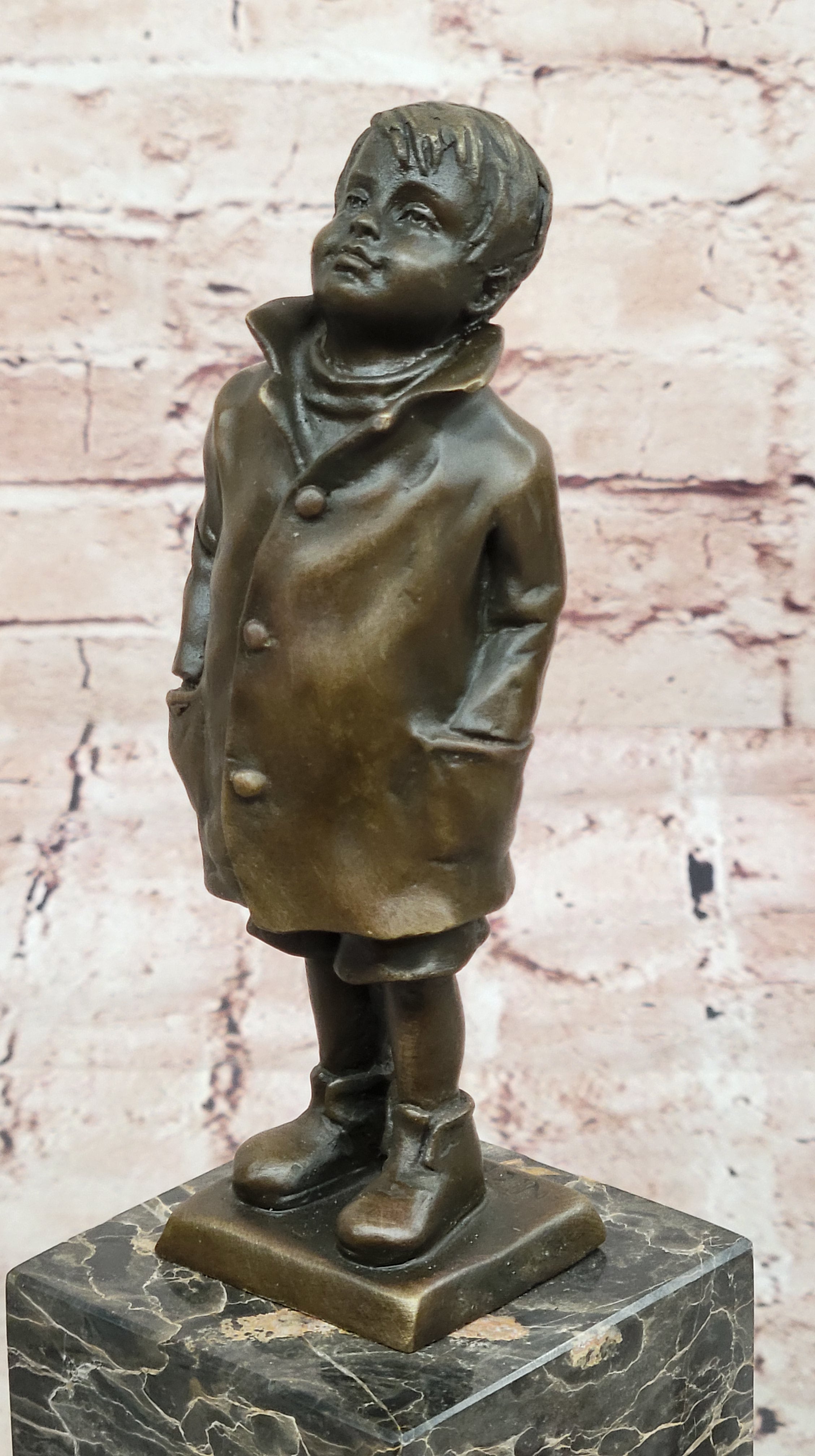 Vintage Signed Child Boy Bronze Sculpture Figurine Figure Cast Children Statue T