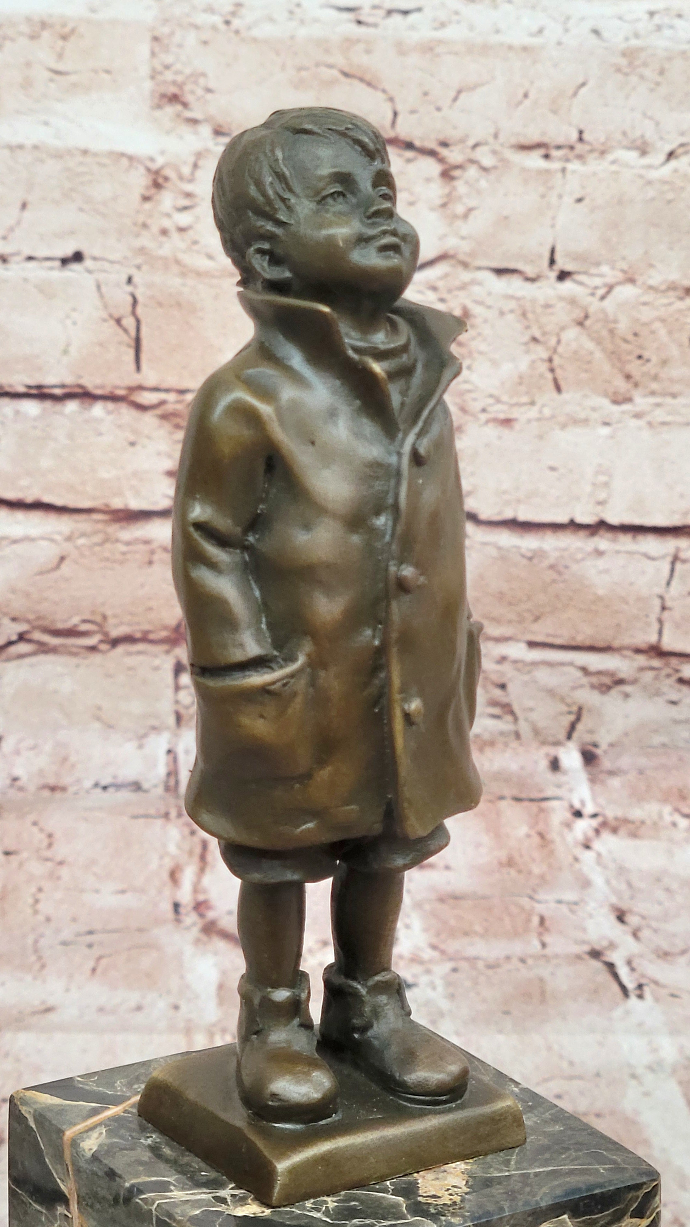 Vintage Signed Child Boy Bronze Sculpture Figurine Figure Cast Children Statue T