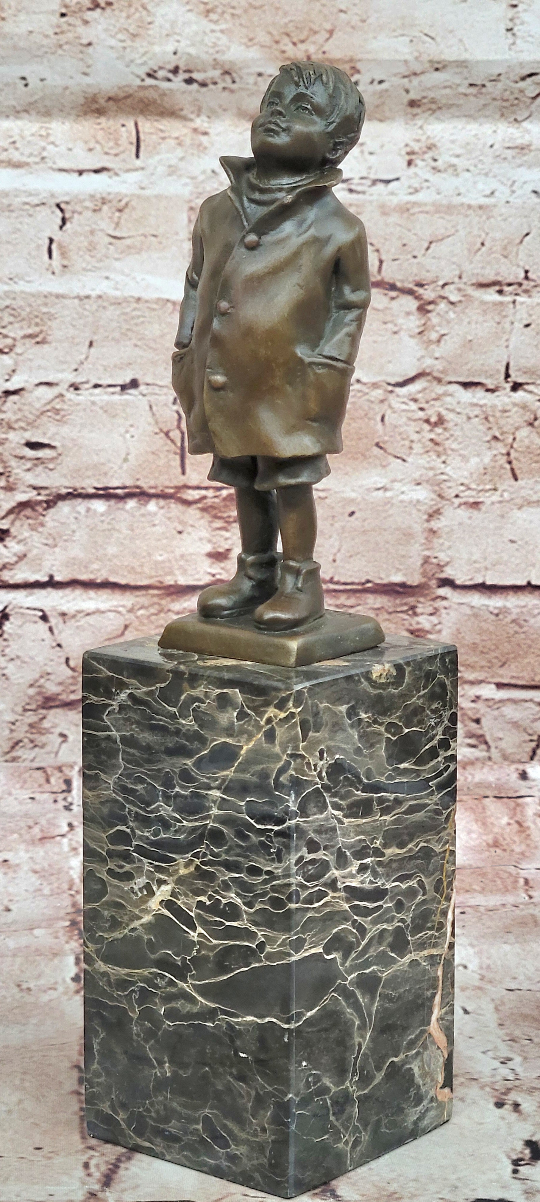 Vintage Signed Child Boy Bronze Sculpture Figurine Figure Cast Children Statue T