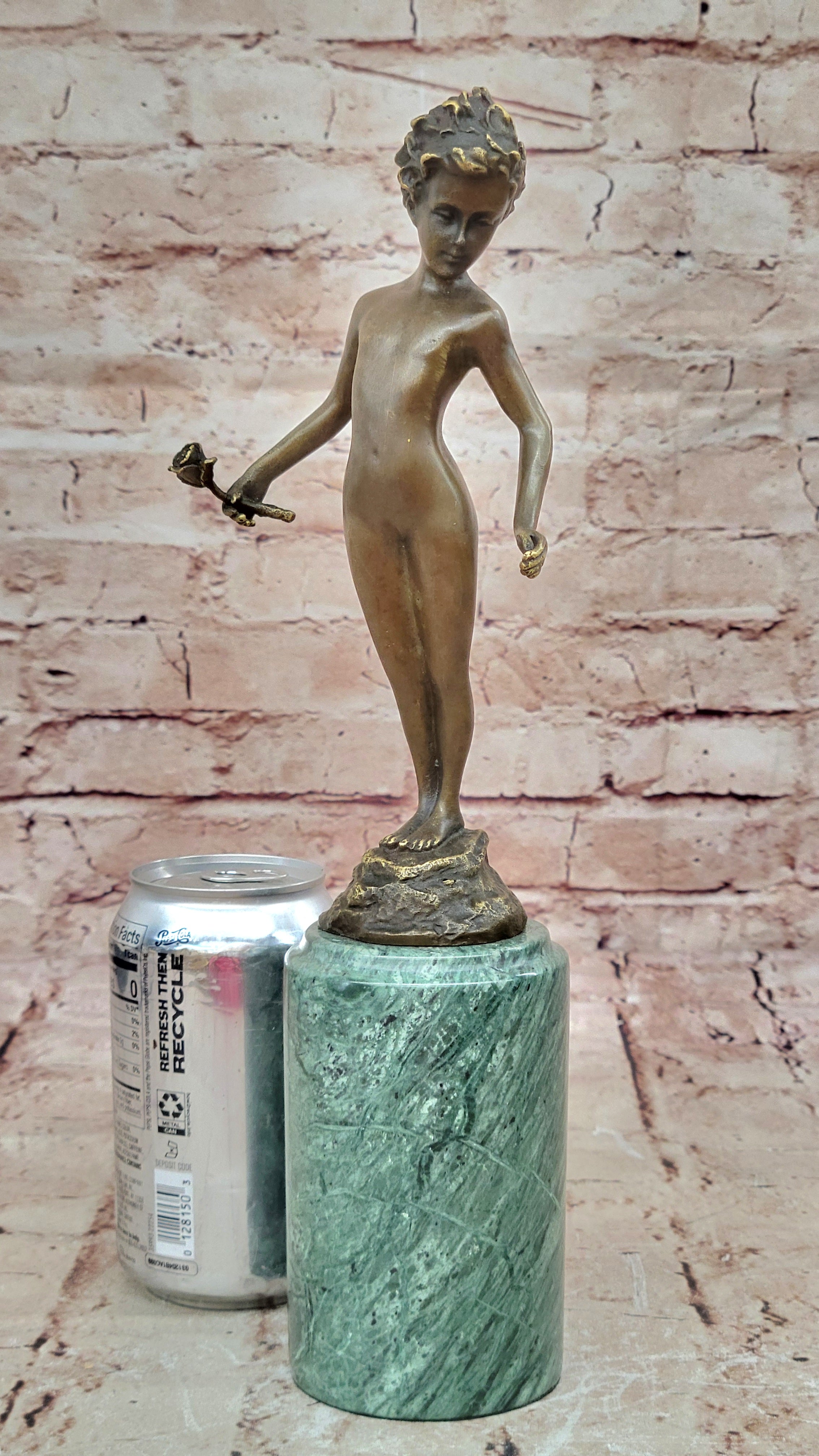 Bronze Sculpture Nude Male Holding Flower Hot Cast Marble Base Figurine Figure