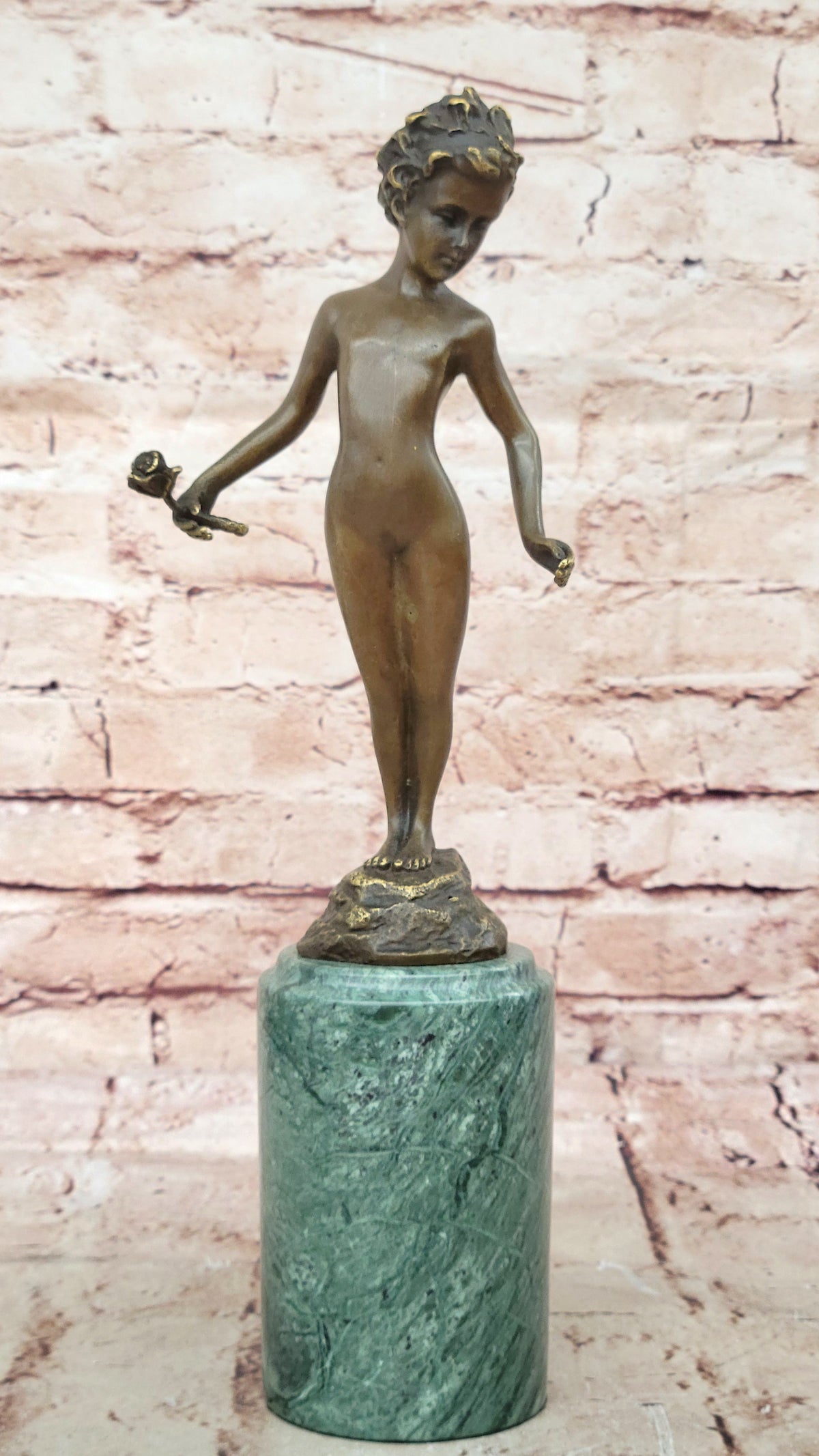 Bronze Sculpture Nude Male Holding Flower Hot Cast Marble Base Figurine Figure