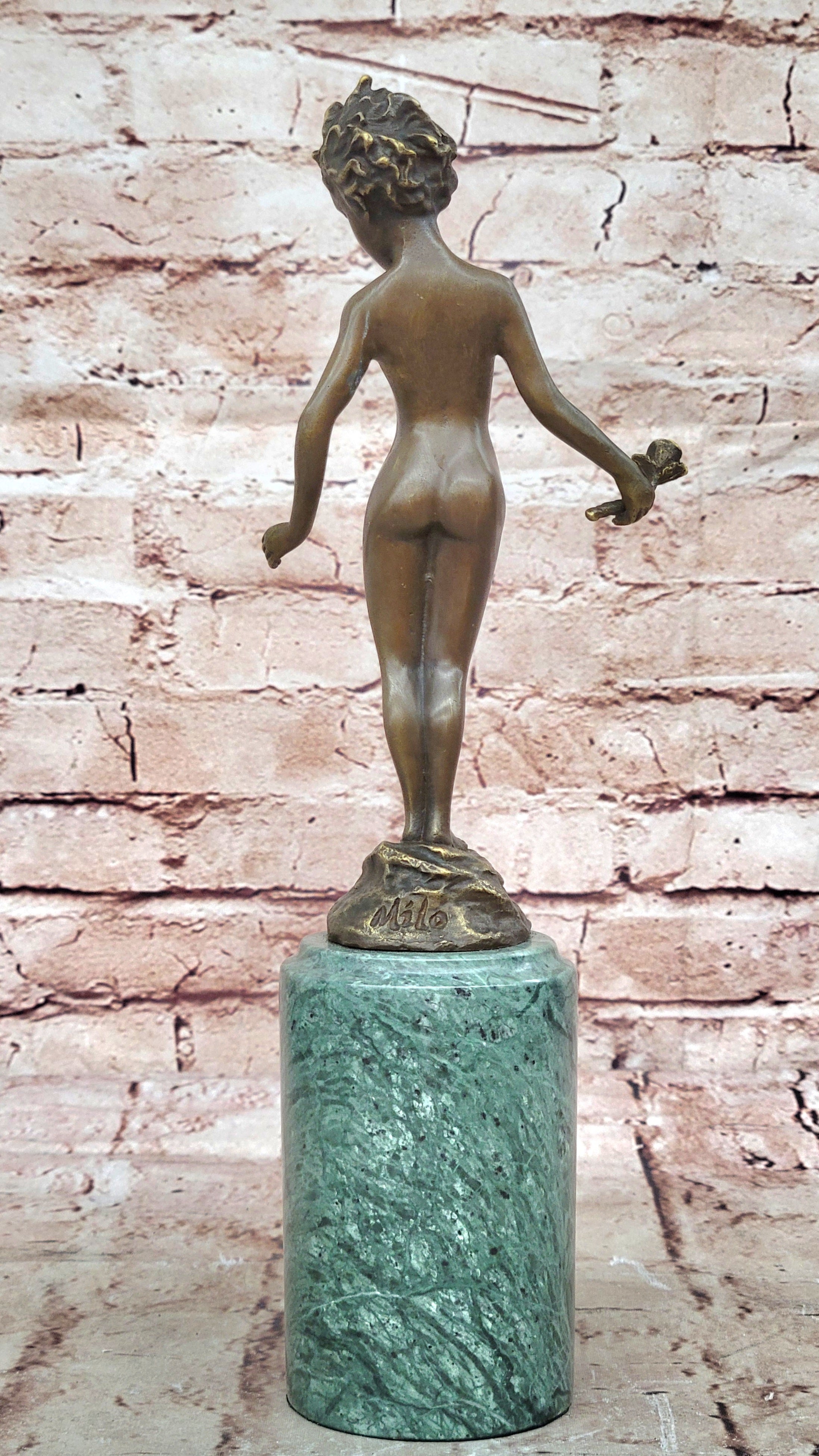 Bronze Sculpture Nude Male Holding Flower Hot Cast Marble Base Figurine Figure