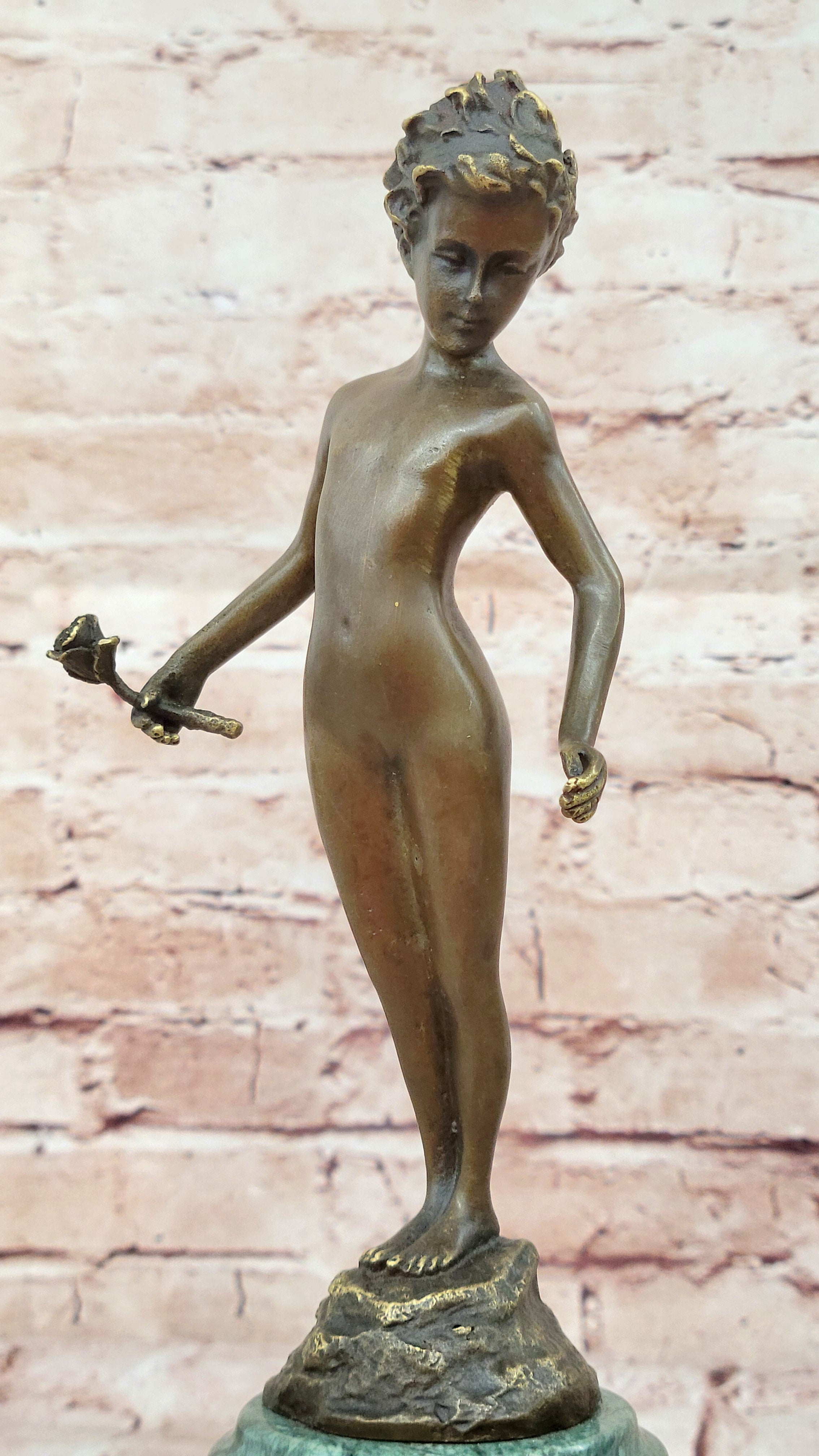 Bronze Sculpture Nude Male Holding Flower Hot Cast Marble Base Figurine Figure