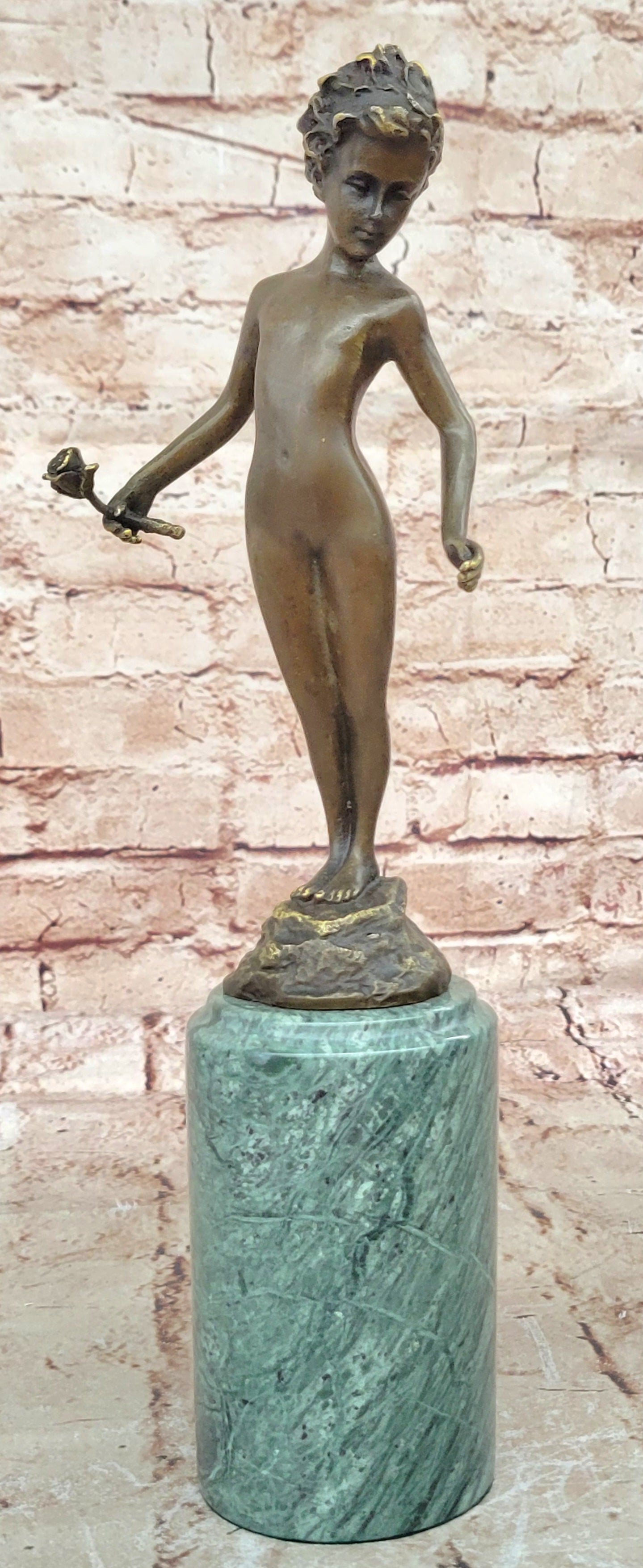 Bronze Sculpture Nude Male Holding Flower Hot Cast Marble Base Figurine Figure