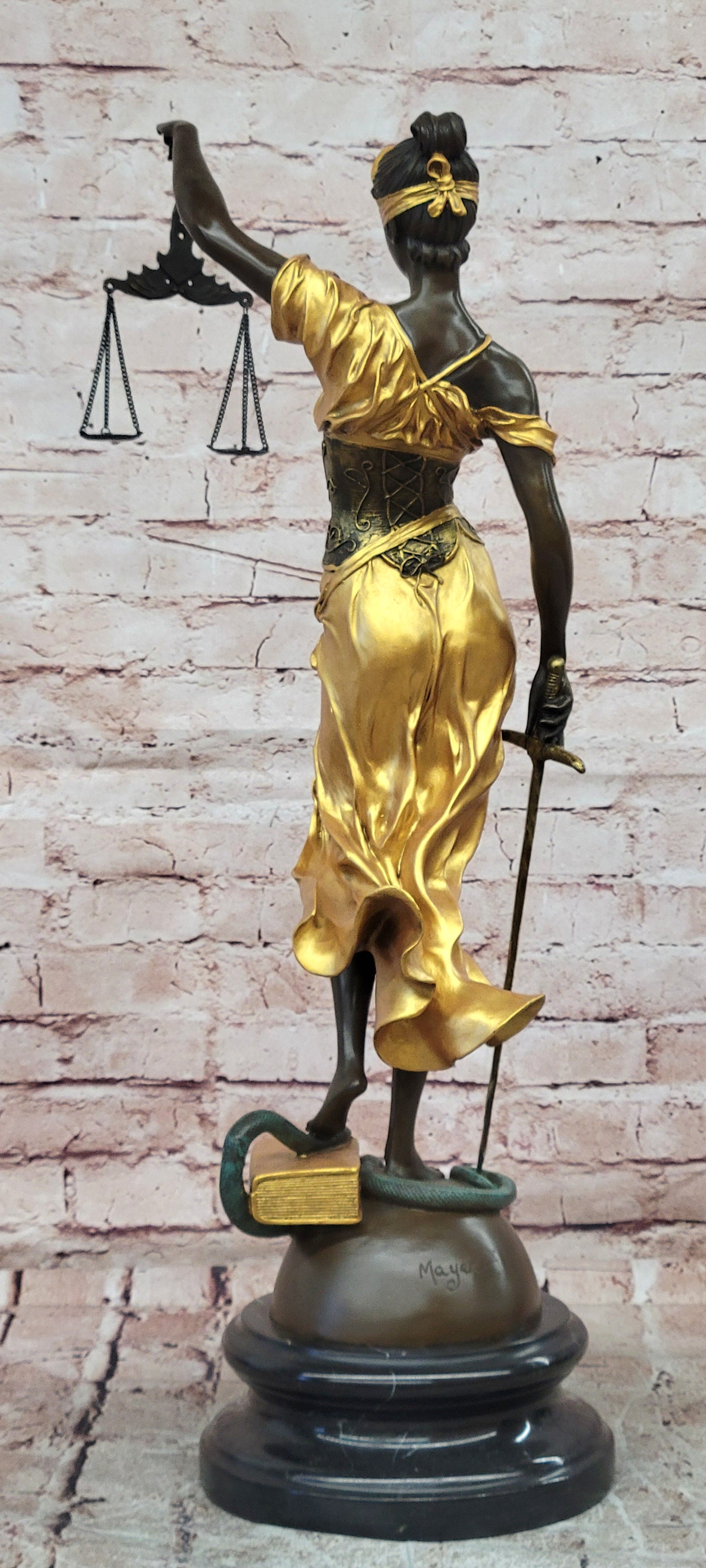 Huge Lady Justice Bronze Sculpture Signed Mayer Gilt Hot Cast Fine Art Statue