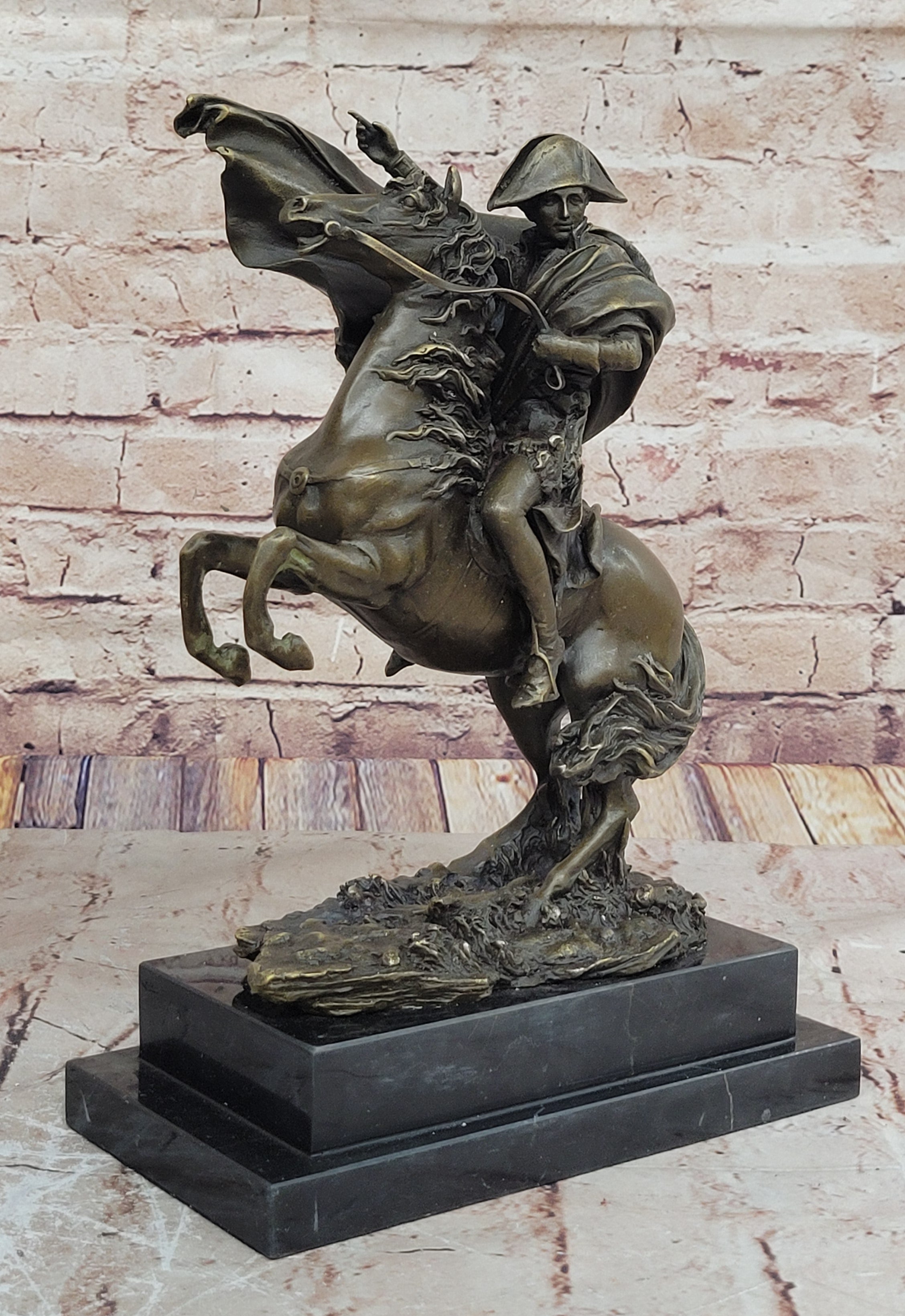 Large Bronze & Marble Sculpture of Napoleon Bonaparte Riding Horse Figure Statue